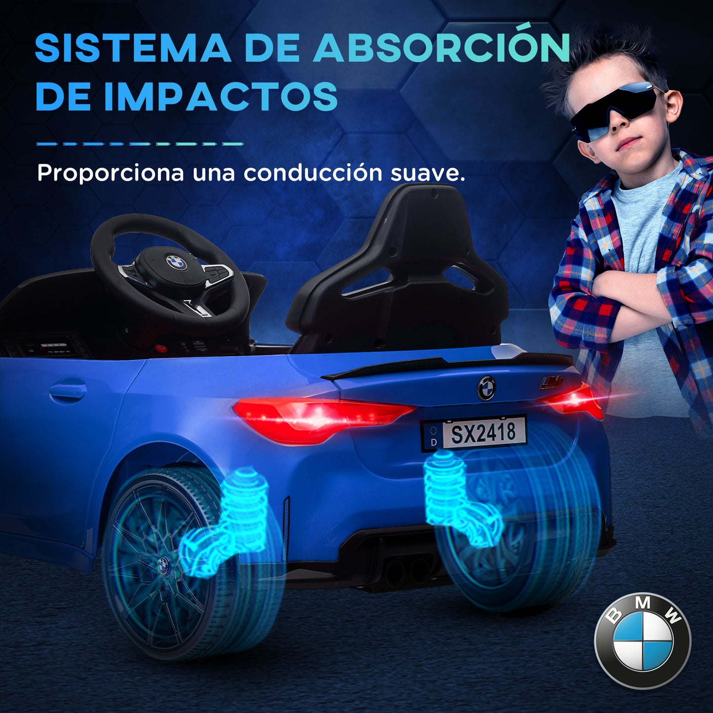 AIYAPLAY Coche Eléctrico para Niños BMW M4 Coche de Batería para Niños 12V con Mando a Distancia Faros Bocina Música Velocidad 3-5 km/h Cinturón de Seguridad Azul