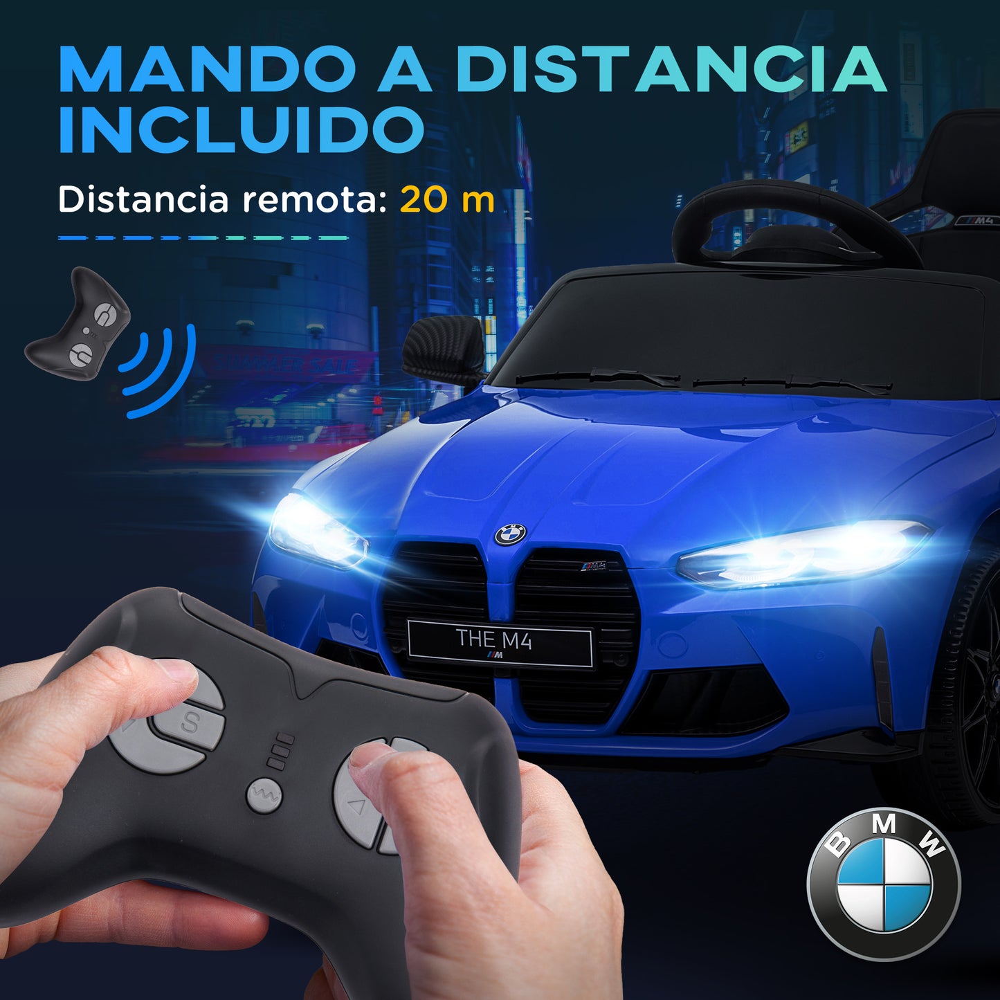 AIYAPLAY Coche Eléctrico para Niños BMW M4 Coche de Batería para Niños 12V con Mando a Distancia Faros Bocina Música Velocidad 3-5 km/h Cinturón de Seguridad Azul