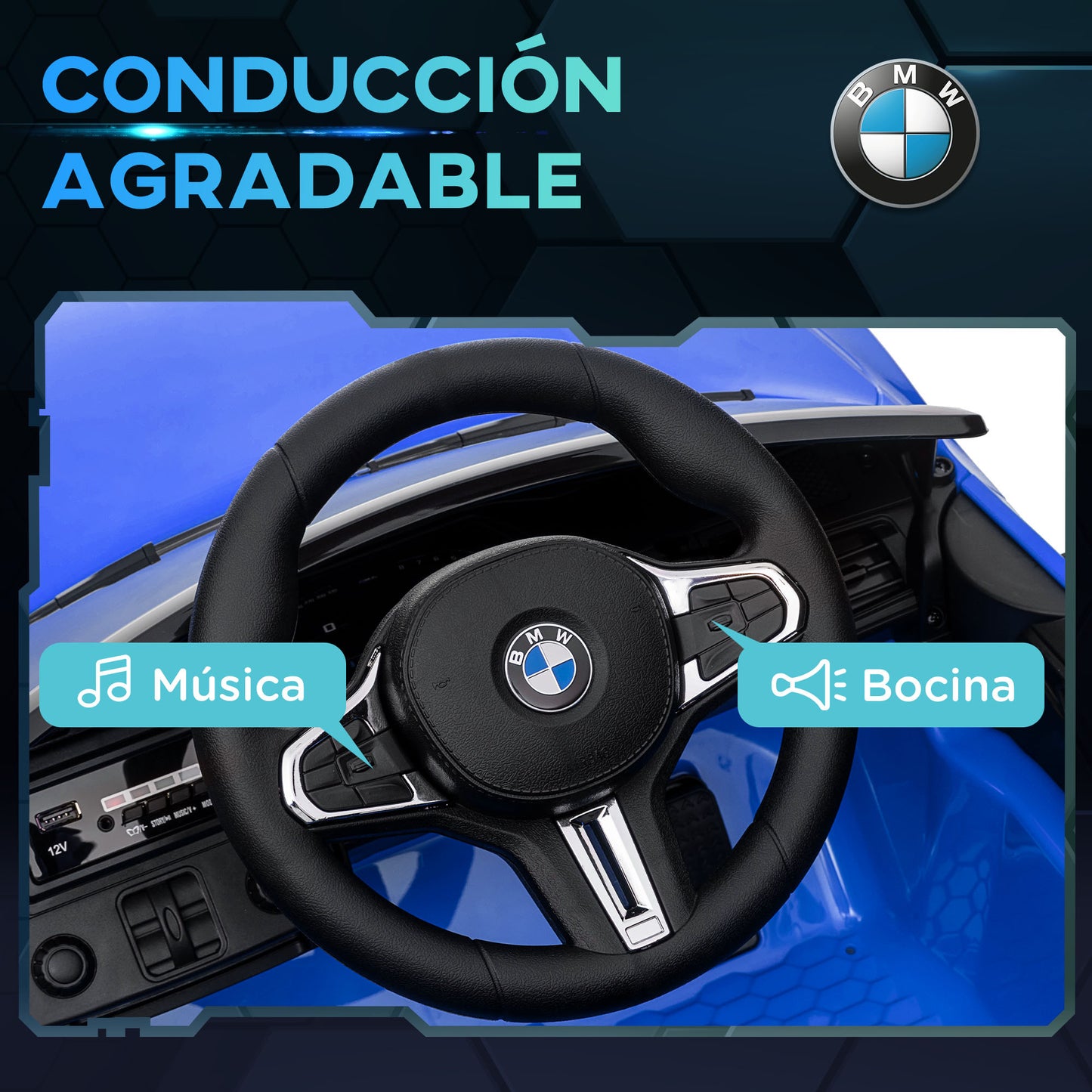 AIYAPLAY Coche Eléctrico para Niños BMW M4 Coche de Batería para Niños 12V con Mando a Distancia Faros Bocina Música Velocidad 3-5 km/h Cinturón de Seguridad Azul