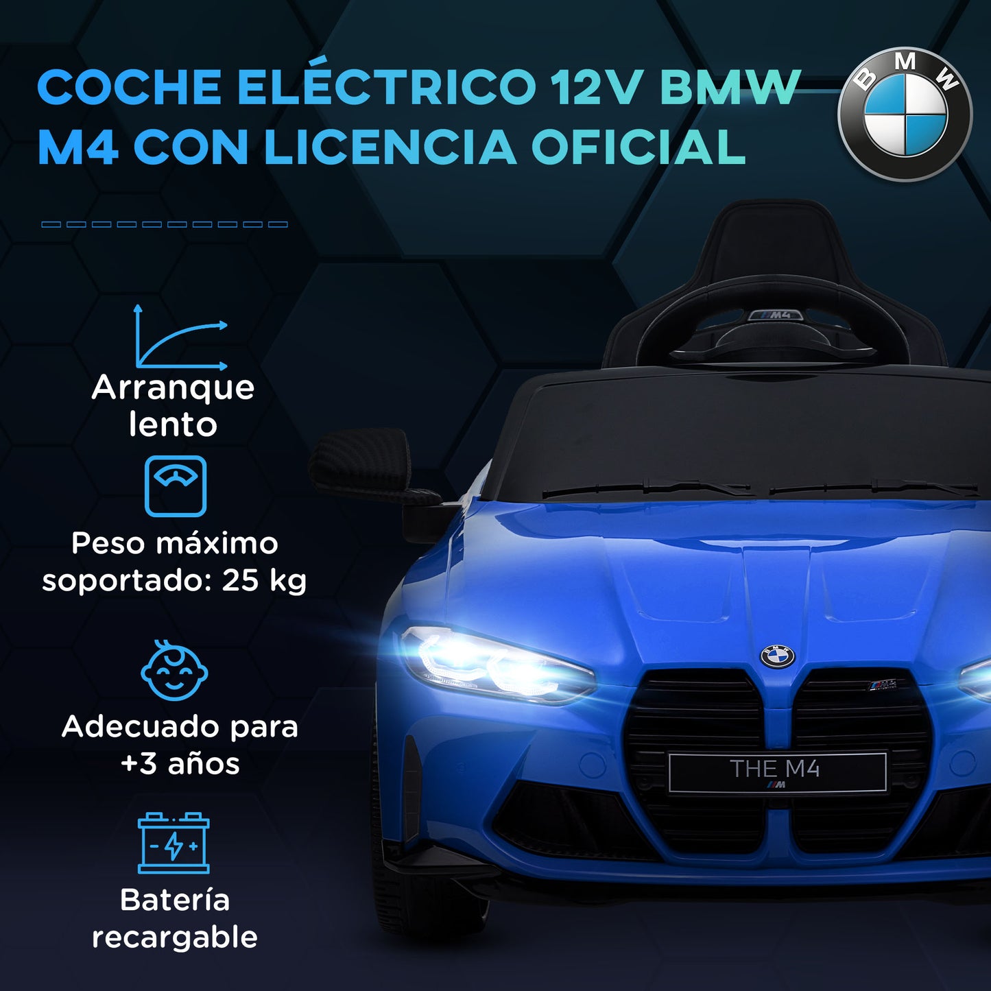 AIYAPLAY Coche Eléctrico para Niños BMW M4 Coche de Batería para Niños 12V con Mando a Distancia Faros Bocina Música Velocidad 3-5 km/h Cinturón de Seguridad Azul