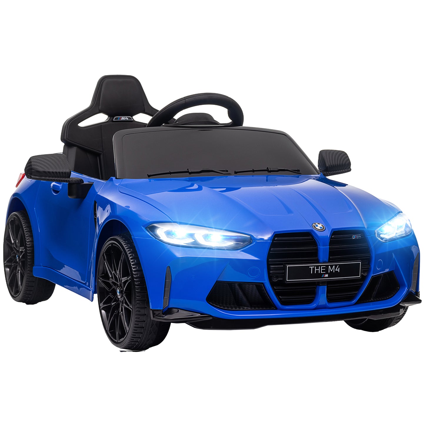 AIYAPLAY Coche Eléctrico para Niños BMW M4 Coche de Batería para Niños 12V con Mando a Distancia Faros Bocina Música Velocidad 3-5 km/h Cinturón de Seguridad Azul