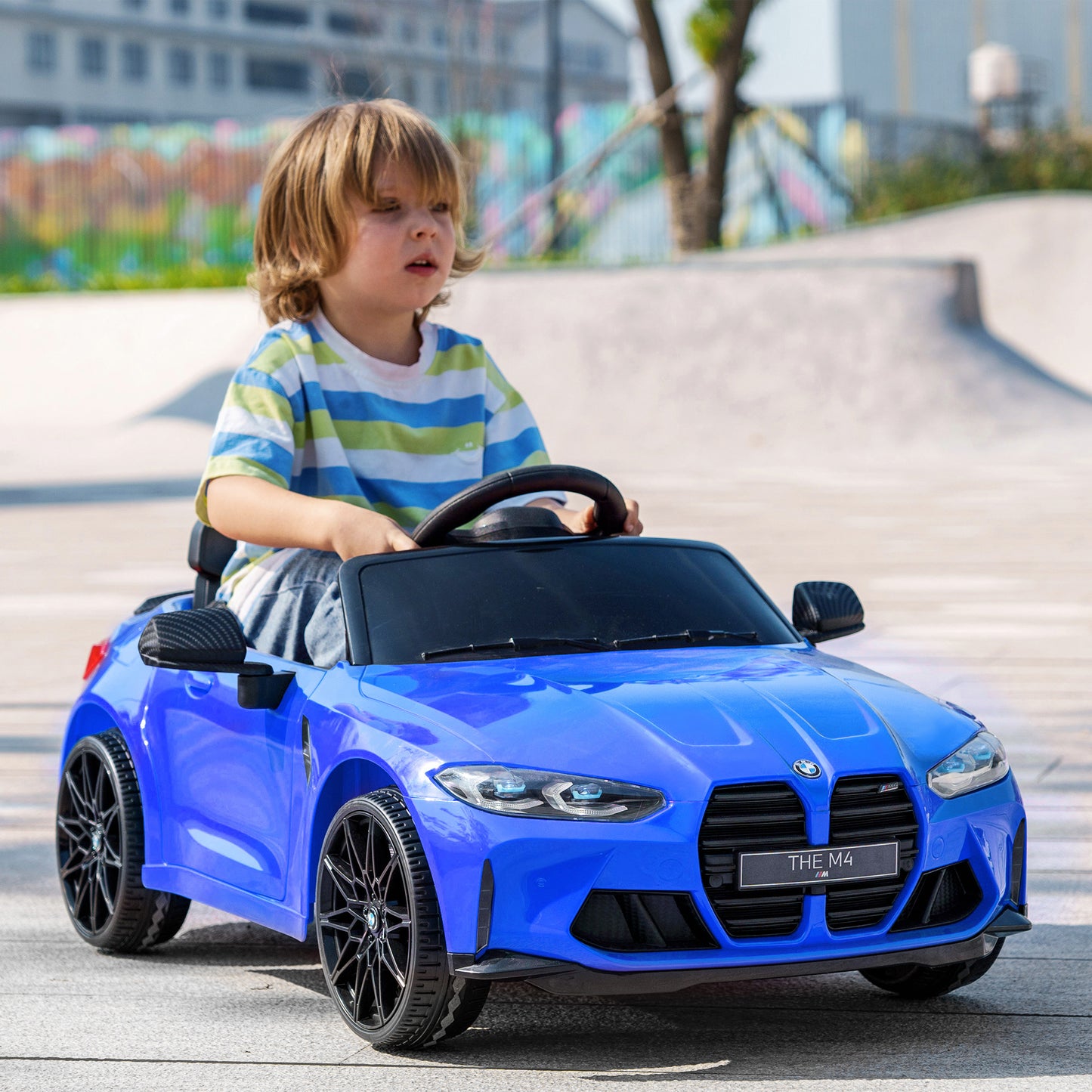 AIYAPLAY Coche Eléctrico para Niños BMW M4 Coche de Batería para Niños 12V con Mando a Distancia Faros Bocina Música Velocidad 3-5 km/h Cinturón de Seguridad Azul