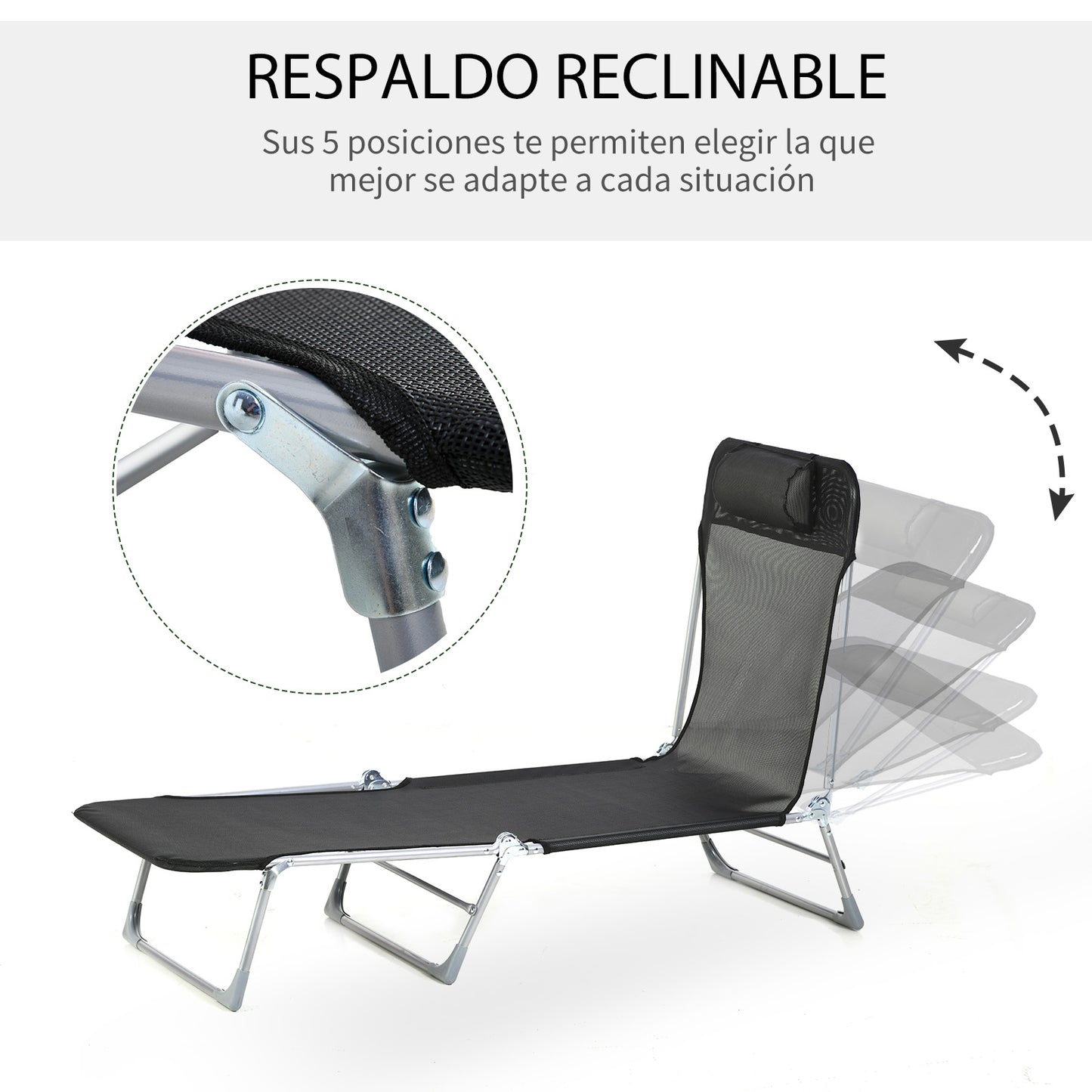 Outsunny Tumbona Plegable y Reclinable de Jardín con Reposacabezas y Respaldo Ajustable en 5 Niveles Tela de Texteline Transpirable 182x56x28 cm Negro