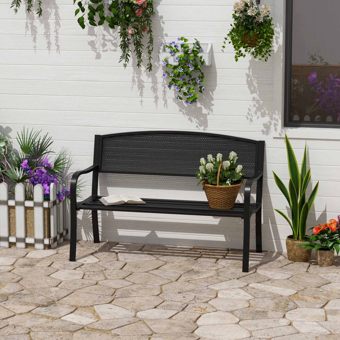 Outsunny Banco de Jardín de 2 Plazas Banco Exterior con Respaldo de Malla de Acero Carga 240 kg para Patio Terraza Balcón 127x60x87 cm Negro