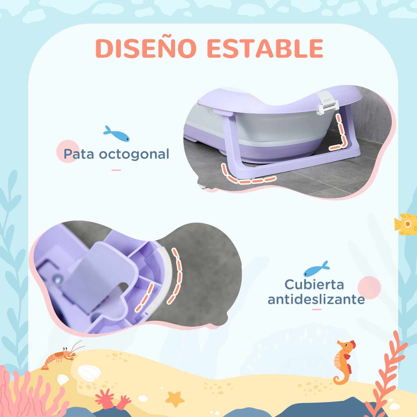 ZONEKIZ Bañera Plegable Bebé con Cojín Bañera Bebé Recién Nacido hasta 3 Años con Almohadillas Antideslizantes Orificio de Drenaje y Agujero de Ducha 83x48x23,5 cm Púrpura