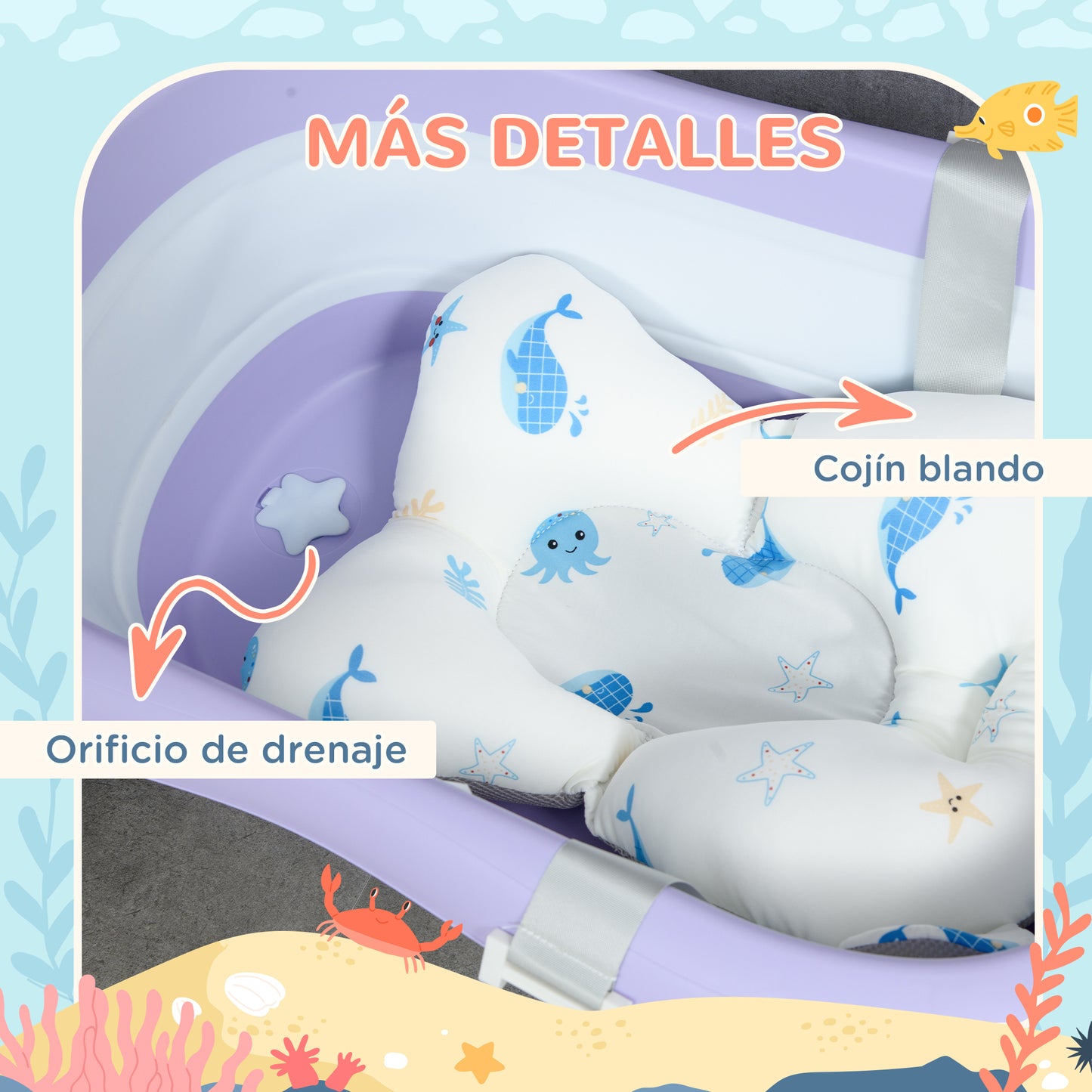 ZONEKIZ Bañera Plegable Bebé con Cojín Bañera Bebé Recién Nacido hasta 3 Años con Almohadillas Antideslizantes Orificio de Drenaje y Agujero de Ducha 83x48x23,5 cm Púrpura