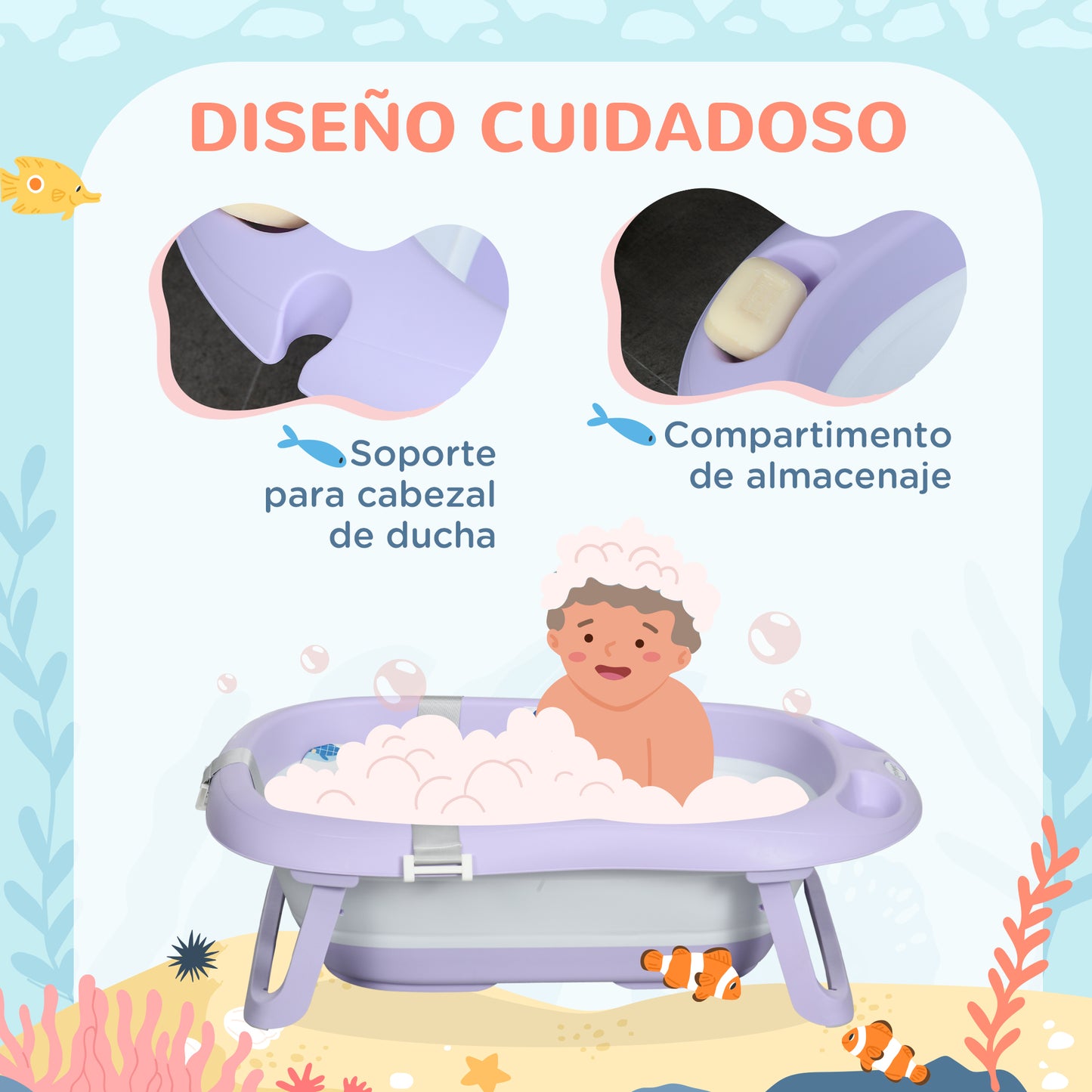 ZONEKIZ Bañera Plegable Bebé con Cojín Bañera Bebé Recién Nacido hasta 3 Años con Almohadillas Antideslizantes Orificio de Drenaje y Agujero de Ducha 83x48x23,5 cm Púrpura