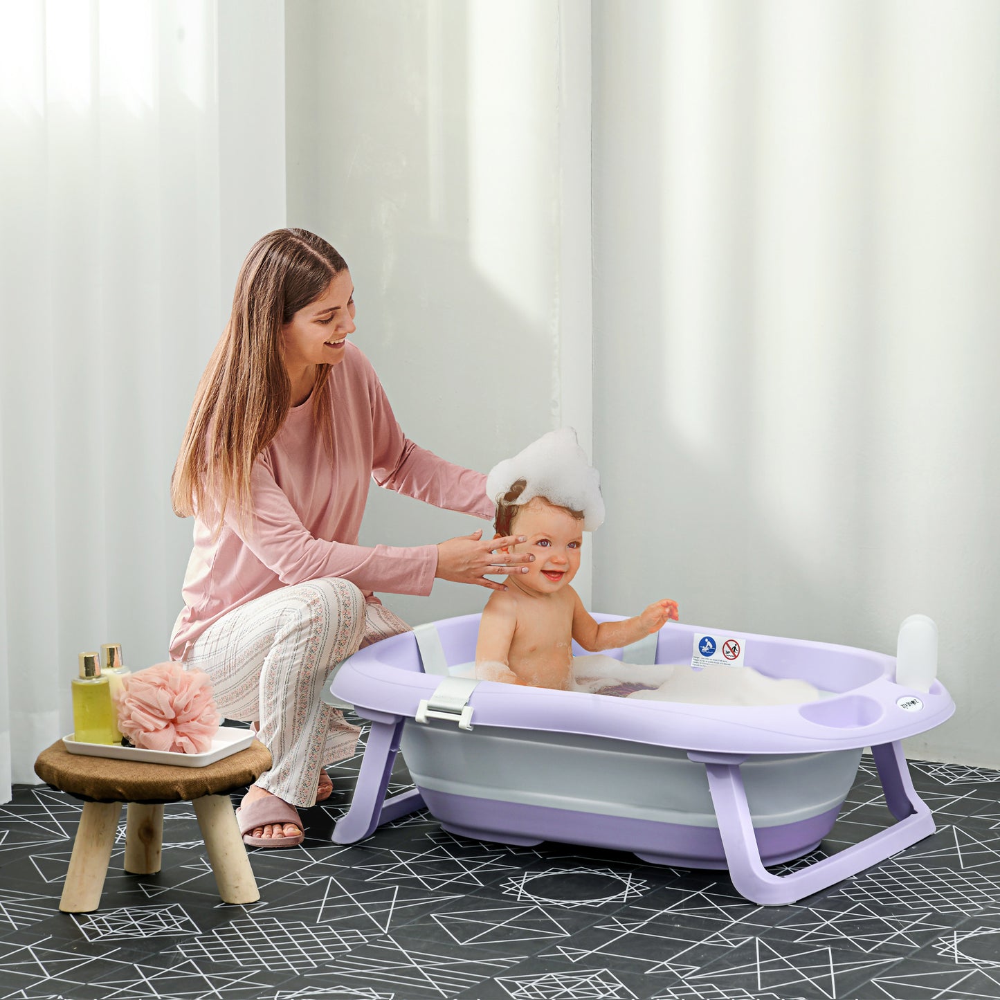 ZONEKIZ Bañera Plegable Bebé con Cojín Bañera Bebé Recién Nacido hasta 3 Años con Almohadillas Antideslizantes Orificio de Drenaje y Agujero de Ducha 83x48x23,5 cm Púrpura