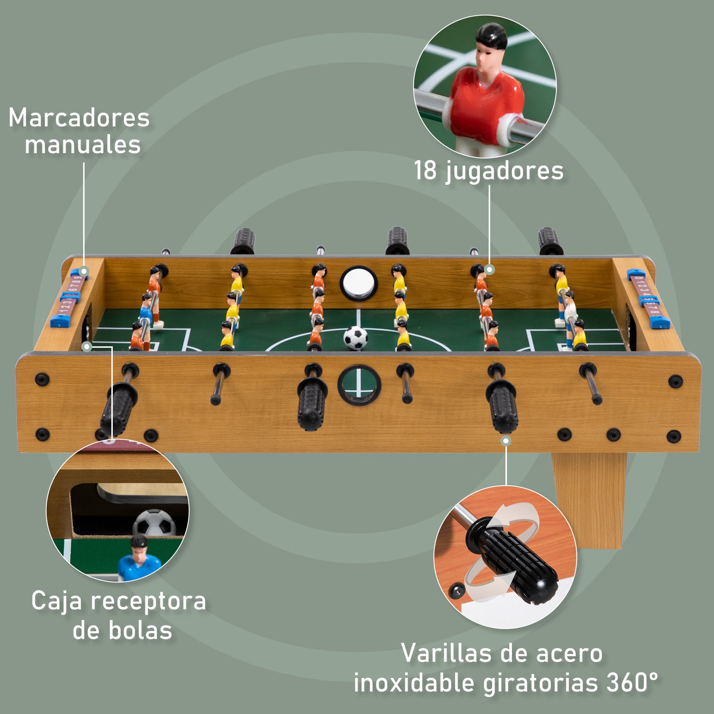 HOMCOM Futbolín de Mesa para Niños de +6 Años Juego Mesa de Fútbol de Madera con 2 Bolas 6 Asas 2 Marcadores de Puntos 18 Jugadores 69x36,5x22 cm Natural