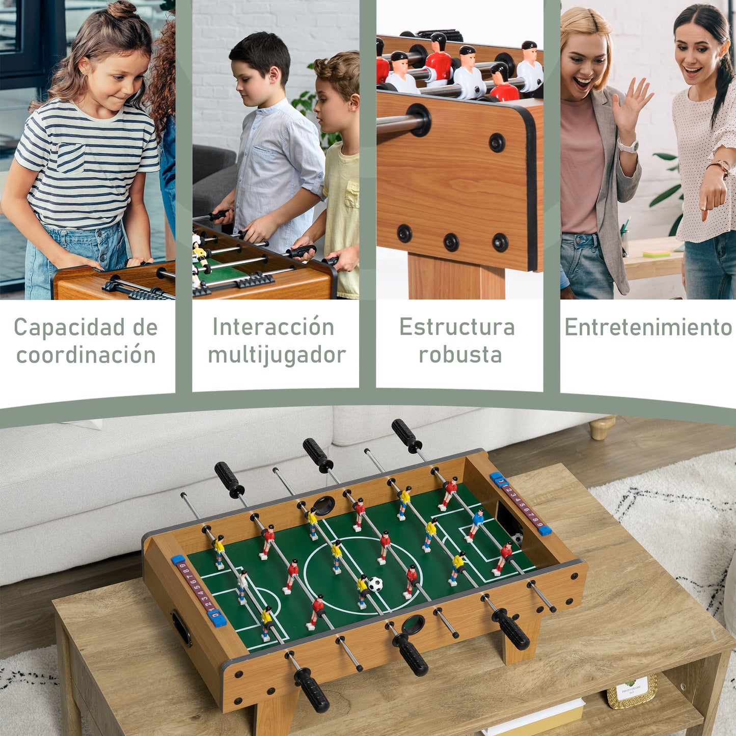 HOMCOM Futbolín de Mesa para Niños de +6 Años Juego Mesa de Fútbol de Madera con 2 Bolas 6 Asas 2 Marcadores de Puntos 18 Jugadores 69x36,5x22 cm Natural