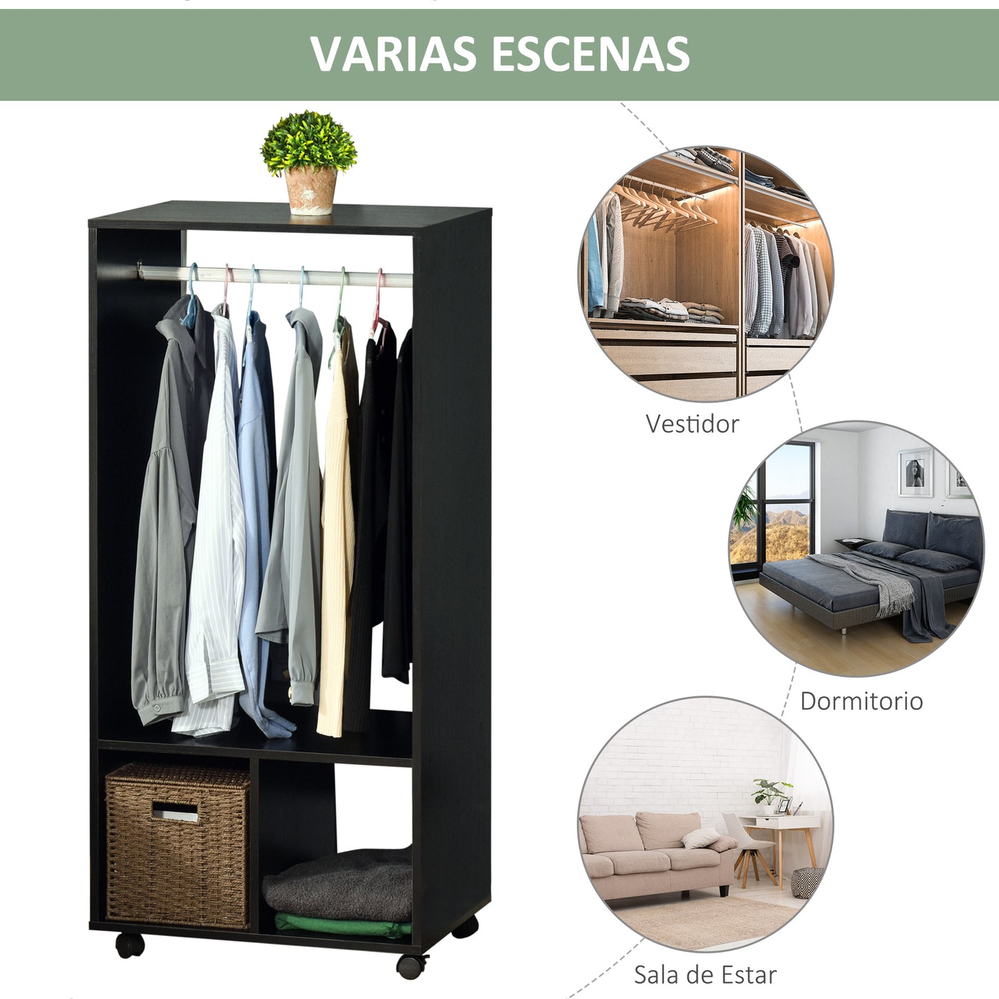 HOMCOM Armario Ropero con Ruedas Armario para Ropa con Barra Estantes Abiertos Organizador para Colgar Ropa de Dormitorio 60x40x128 cm Negro