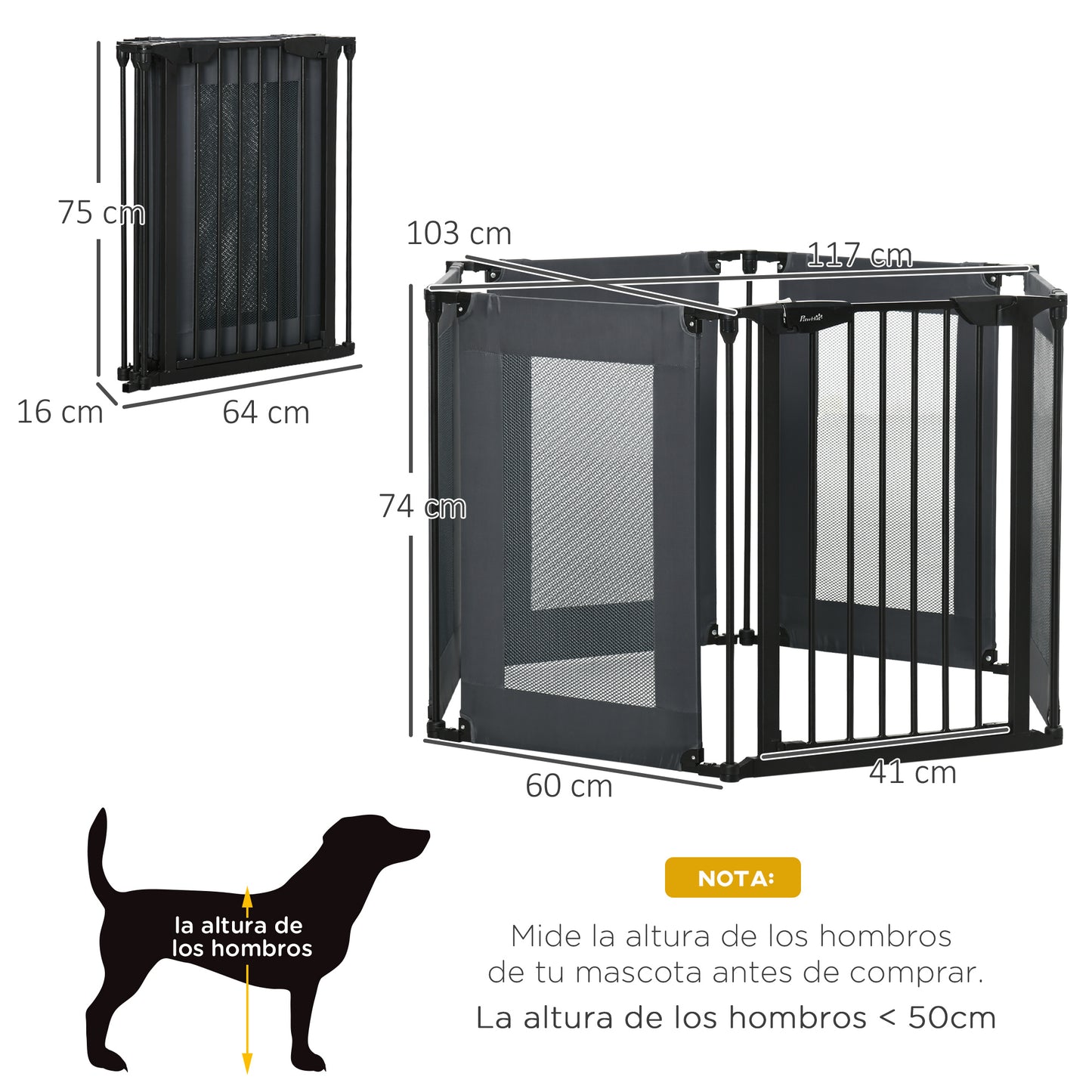 PawHut Parque Plegable para Perros de 6 Paneles Barrera de Seguridad para Mascotas Parque de Juego de Tela Oxford Sistema de Cierre Automático para Gatos Cachorros 117x103x74 cm Negro