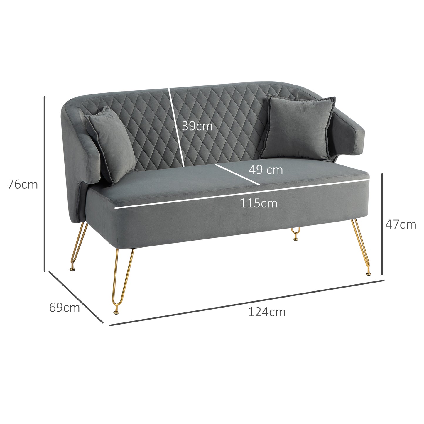 HOMCOM Sofá de 2 Plazas Tapizado en Terciopelo Sofá de Salón con 2 Almohadas Reposabrazos y Patas de Acero Doradas Sofá Pequeño Carga 240 kg para Dormitorio Oficina 124x69x76 cm Gris