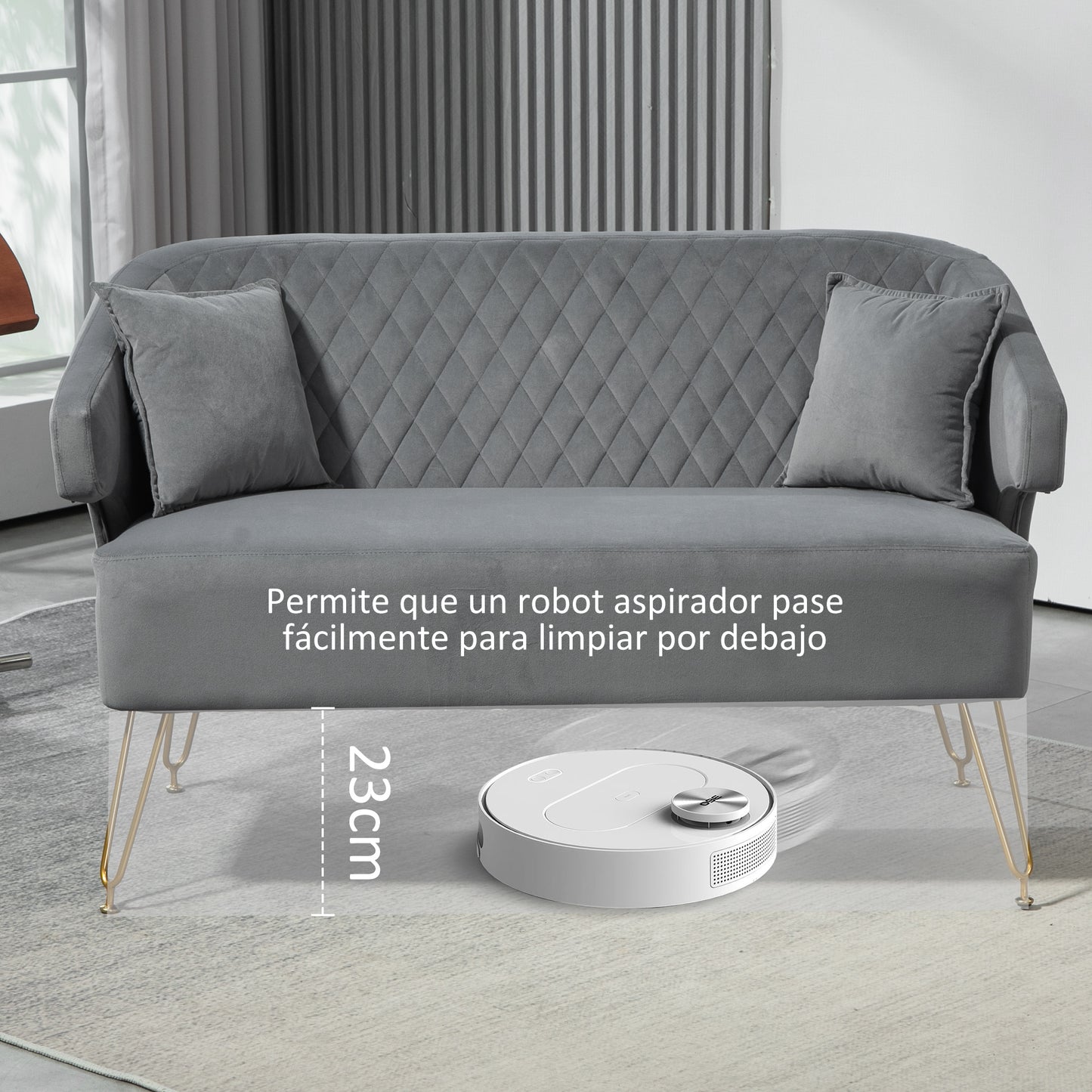 HOMCOM Sofá de 2 Plazas Tapizado en Terciopelo Sofá de Salón con 2 Almohadas Reposabrazos y Patas de Acero Doradas Sofá Pequeño Carga 240 kg para Dormitorio Oficina 124x69x76 cm Gris