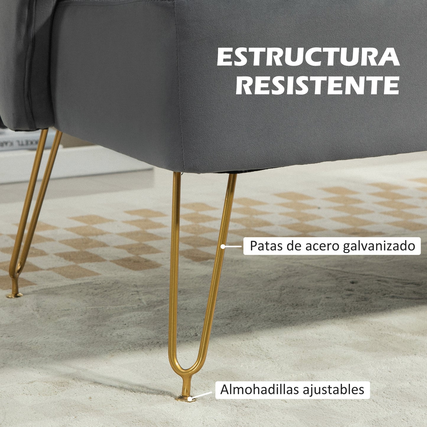 HOMCOM Sofá de 2 Plazas Tapizado en Terciopelo Sofá de Salón con 2 Almohadas Reposabrazos y Patas de Acero Doradas Sofá Pequeño Carga 240 kg para Dormitorio Oficina 124x69x76 cm Gris