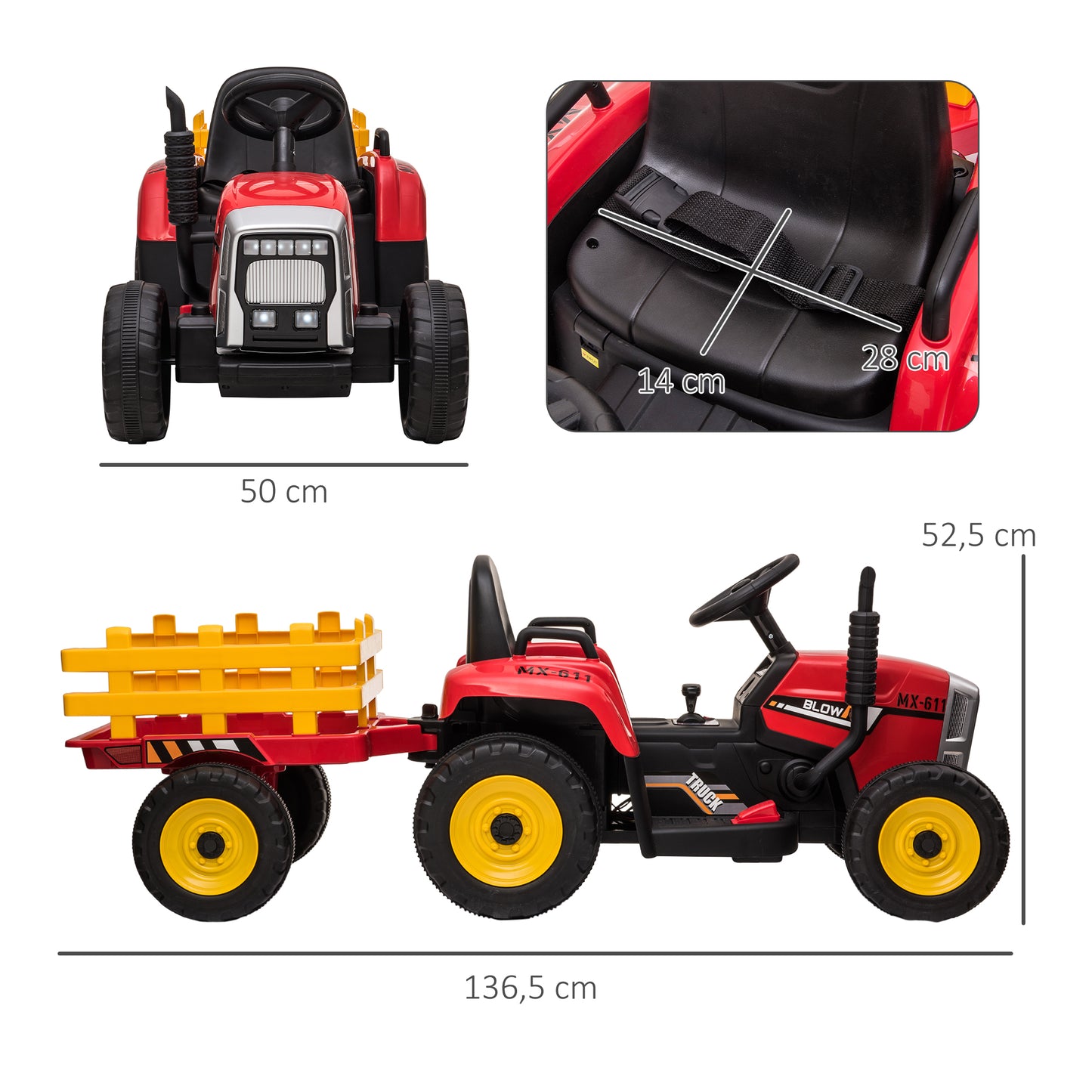 HOMCOM Tractor Eléctrico con Remolque Desmontable Coche Eléctrico para Niños 3-6 Años con Control Remoto Música MP3 Pantalla Luces y Cinturón de Seguridad 136,5x50x52,5 cm Rojo