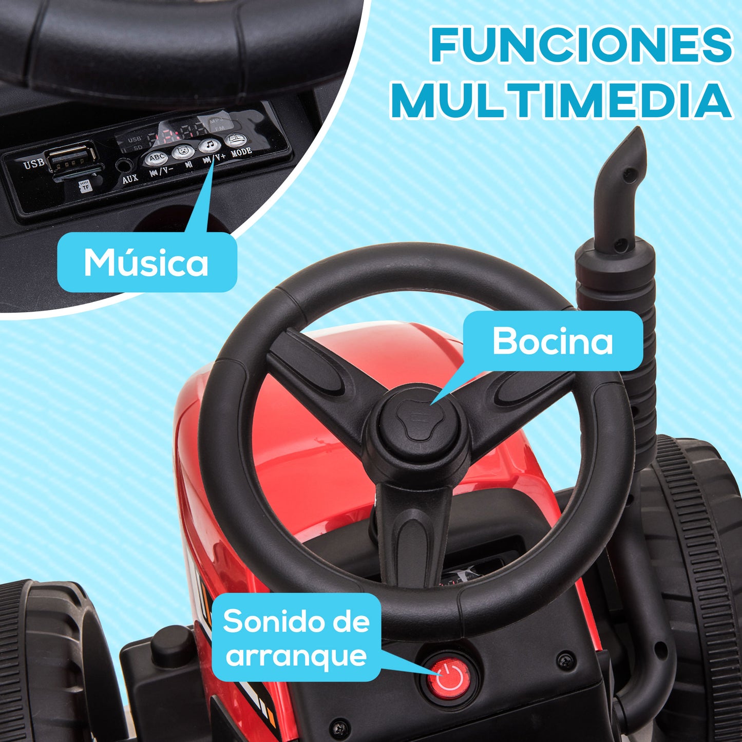 HOMCOM Tractor Eléctrico con Remolque Desmontable Coche Eléctrico para Niños 3-6 Años con Control Remoto Música MP3 Pantalla Luces y Cinturón de Seguridad 136,5x50x52,5 cm Rojo