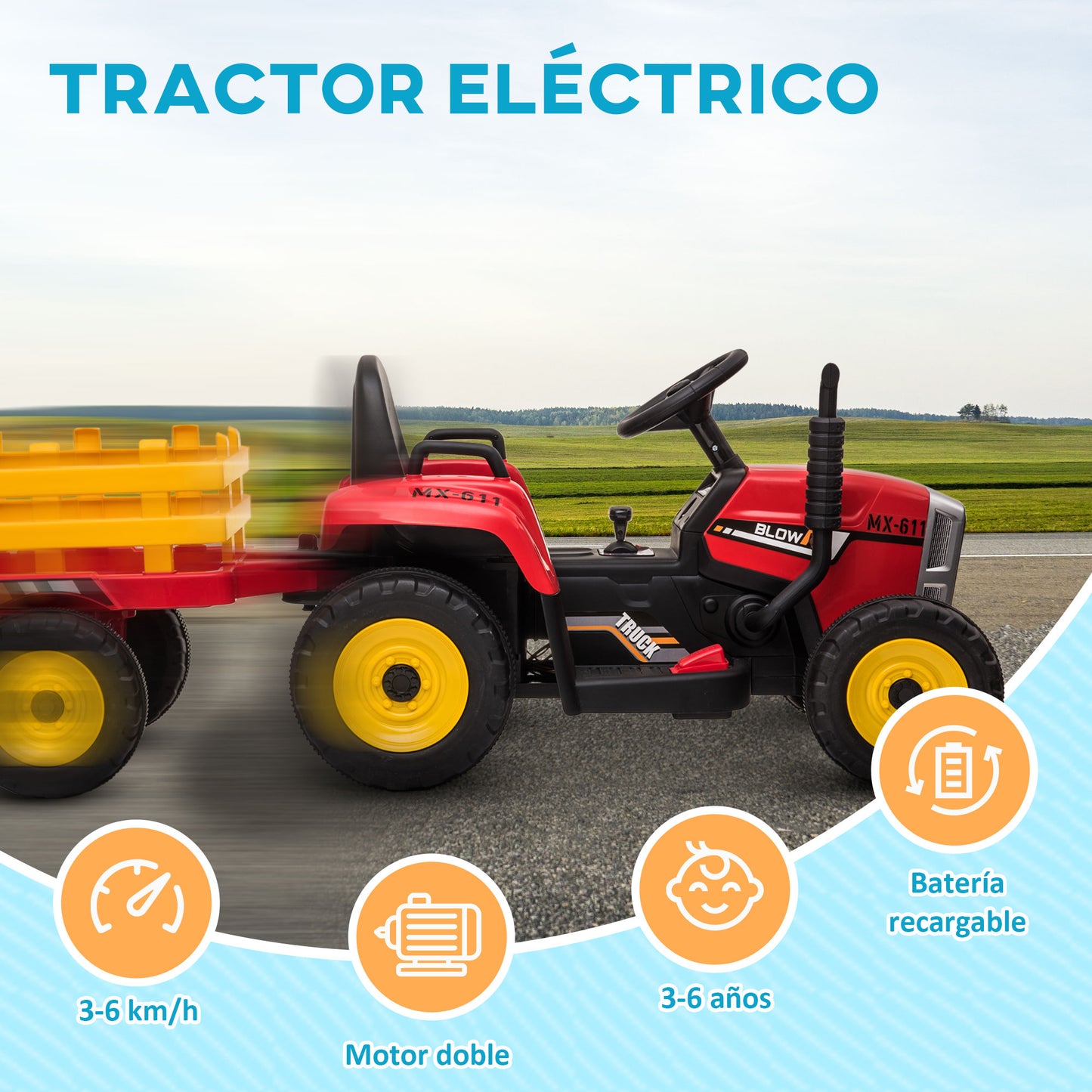 HOMCOM Tractor Eléctrico con Remolque Desmontable Coche Eléctrico para Niños 3-6 Años con Control Remoto Música MP3 Pantalla Luces y Cinturón de Seguridad 136,5x50x52,5 cm Rojo