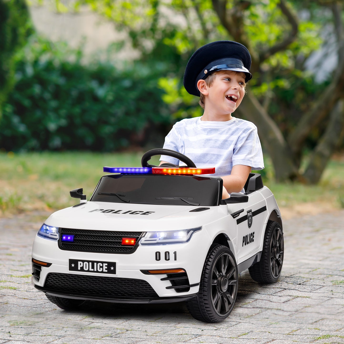 AIYAPLAY Coche Eléctrico para Niños de +3 Años Carro Eléctrico Infantil de Policía con Batería 12V Mando a Distancia Faros Bocina Sirena Música y Rueda de Entrenamiento Blanco