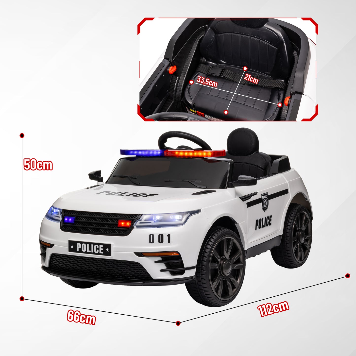 AIYAPLAY Coche Eléctrico para Niños de +3 Años Carro Eléctrico Infantil de Policía con Batería 12V Mando a Distancia Faros Bocina Sirena Música y Rueda de Entrenamiento Blanco