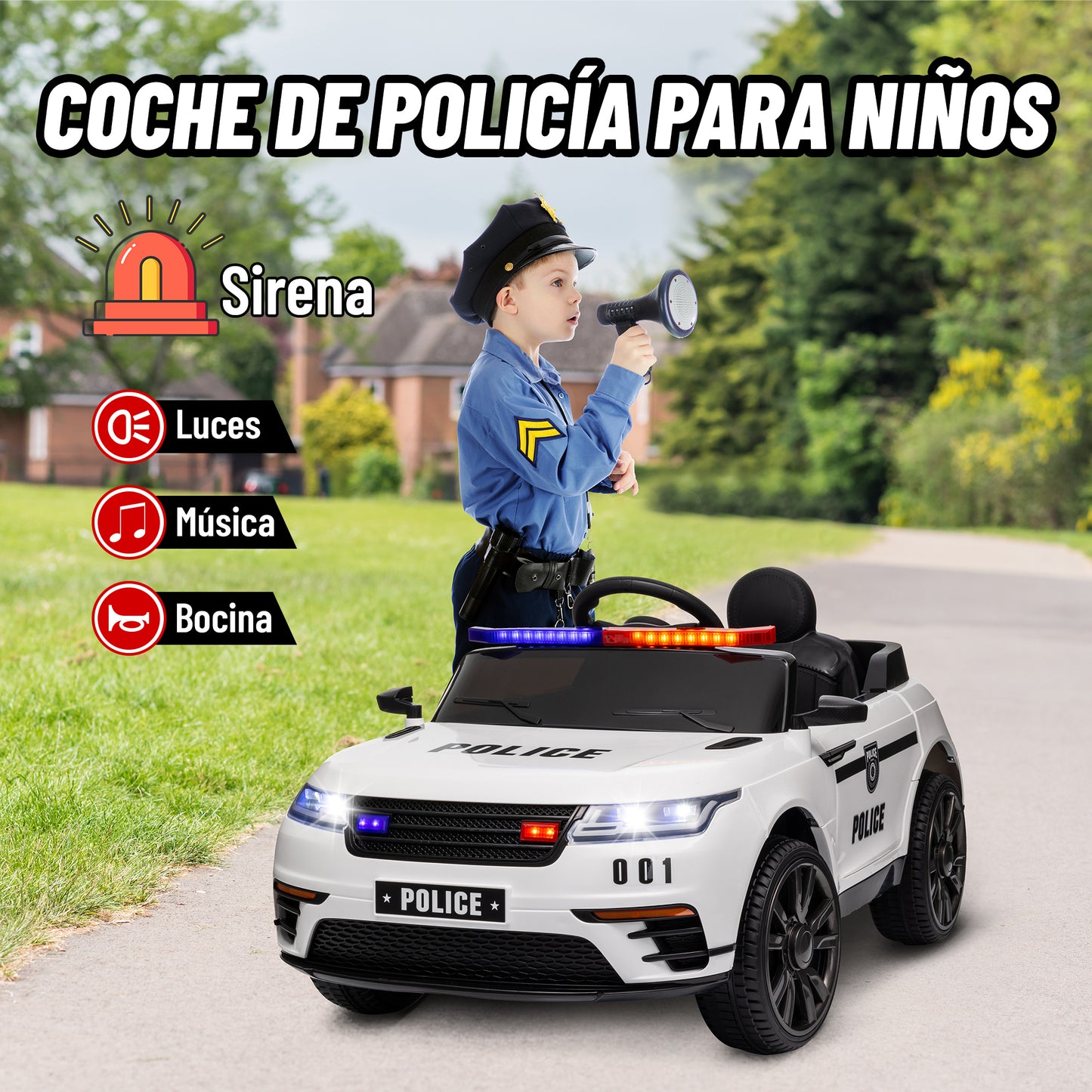 AIYAPLAY Coche Eléctrico para Niños de +3 Años Carro Eléctrico Infantil de Policía con Batería 12V Mando a Distancia Faros Bocina Sirena Música y Rueda de Entrenamiento Blanco