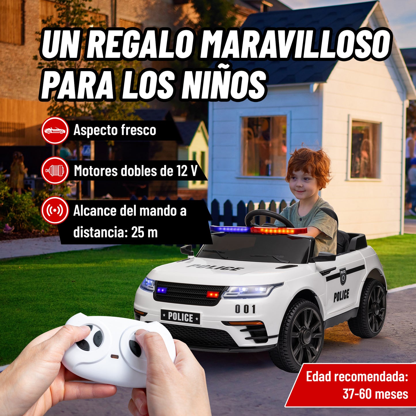 AIYAPLAY Coche Eléctrico para Niños de +3 Años Carro Eléctrico Infantil de Policía con Batería 12V Mando a Distancia Faros Bocina Sirena Música y Rueda de Entrenamiento Blanco