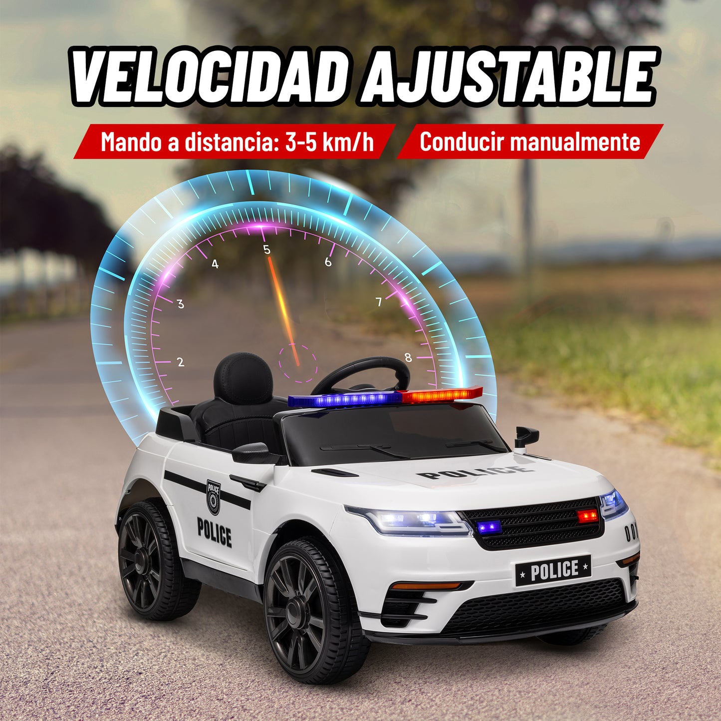 AIYAPLAY Coche Eléctrico para Niños de +3 Años Carro Eléctrico Infantil de Policía con Batería 12V Mando a Distancia Faros Bocina Sirena Música y Rueda de Entrenamiento Blanco