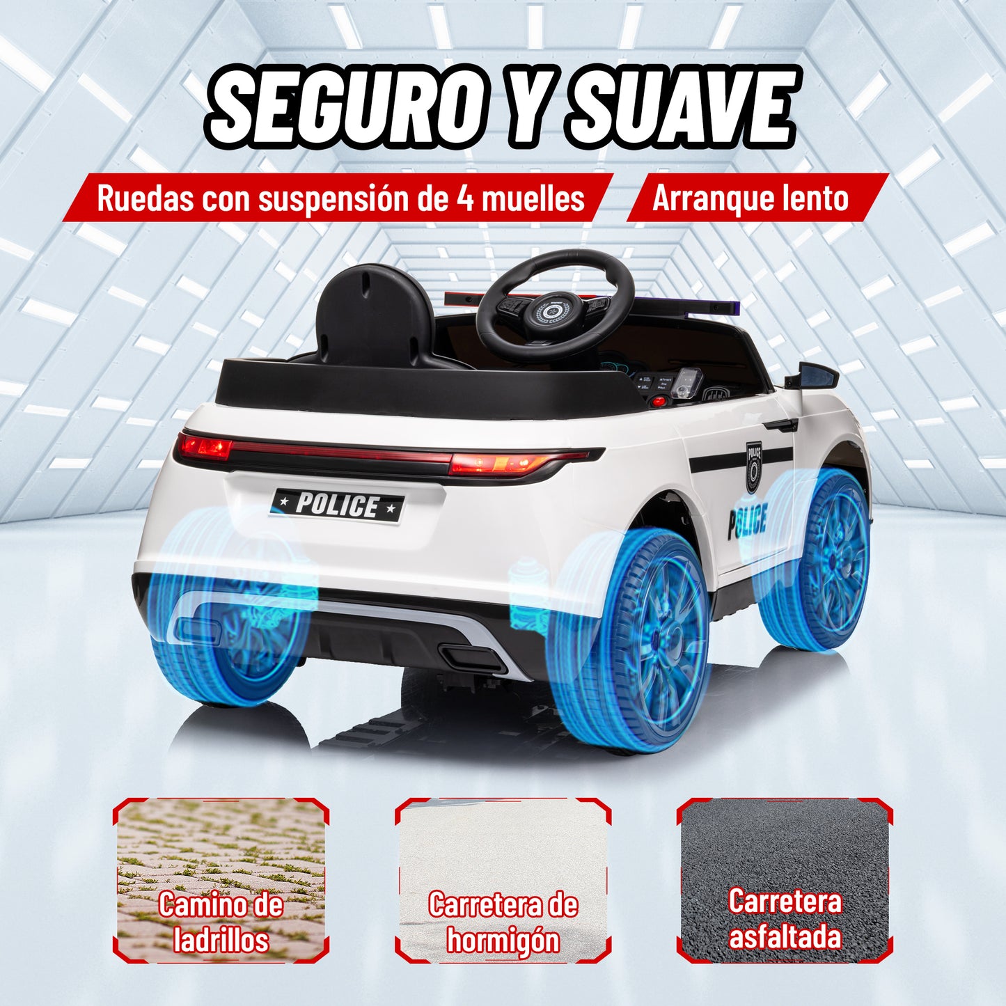 AIYAPLAY Coche Eléctrico para Niños de +3 Años Carro Eléctrico Infantil de Policía con Batería 12V Mando a Distancia Faros Bocina Sirena Música y Rueda de Entrenamiento Blanco