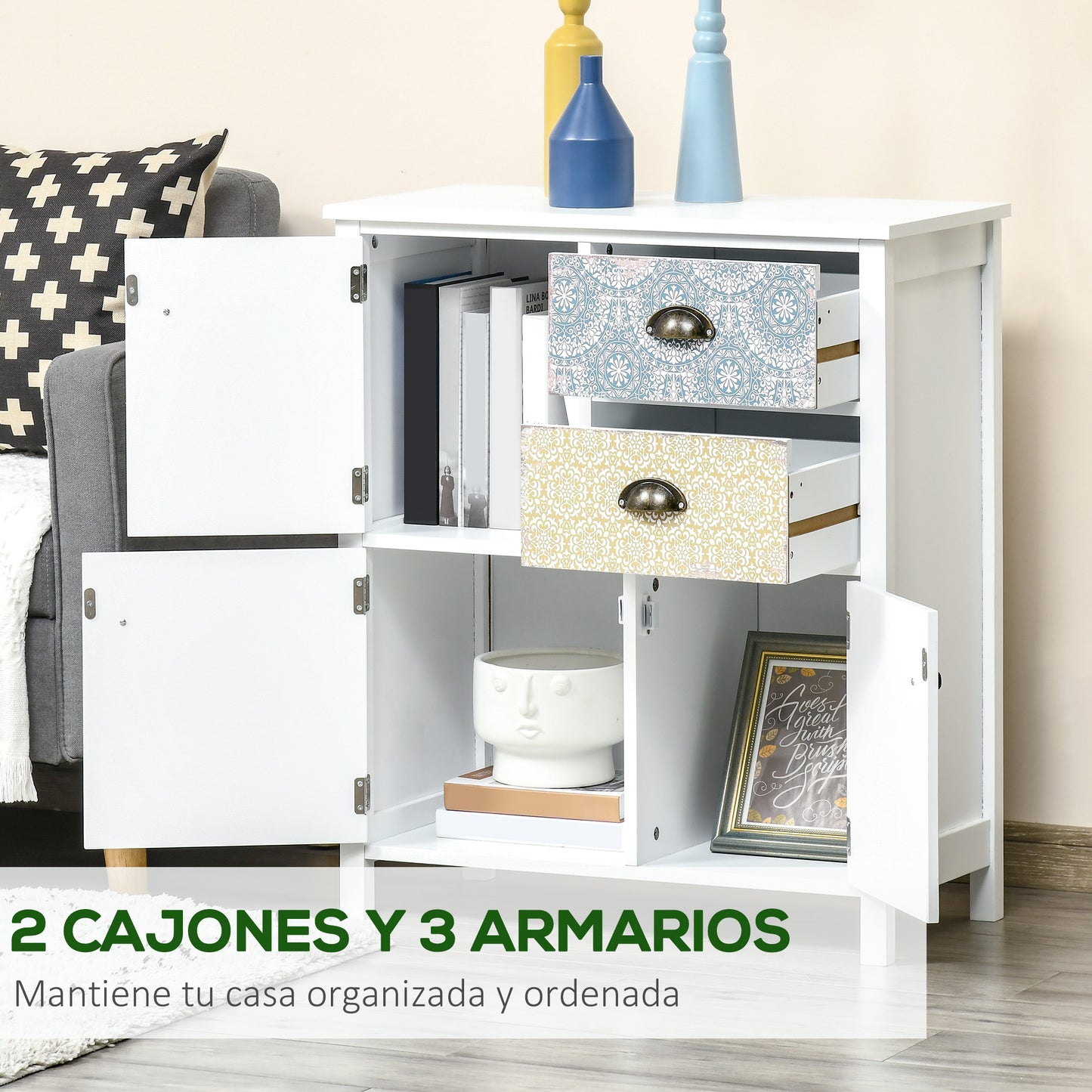 HOMCOM Cómoda con 2 Cajones Cómoda para Dormitorio Estilo Bohemio con 3 Compartimentos Diseño Anti-vuelco para Salón Pasillo 68x34x80 cm Blanco