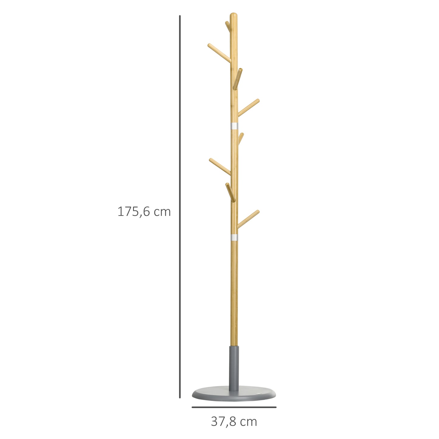 HOMCOM Perchero de Pie de Bambú Perchero de Entrada Recibidor con 8 Ganchos para Colgar Ropas Bolsas Perchero en Forma de Árbol Ø37,8x175,6 cm Natural y Gris