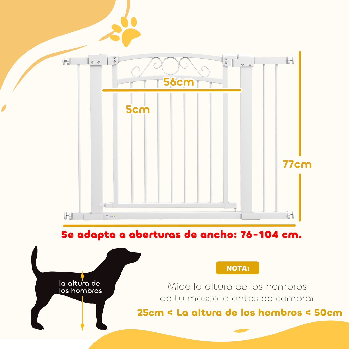 PawHut Barrera para Perros Puerta para Perros con Ancho Ajustable 76-104 cm Barrera de Seguridad para Perros con 2 Extensiones y Doble Bloqueo para Escaleras y Puertas Blanco