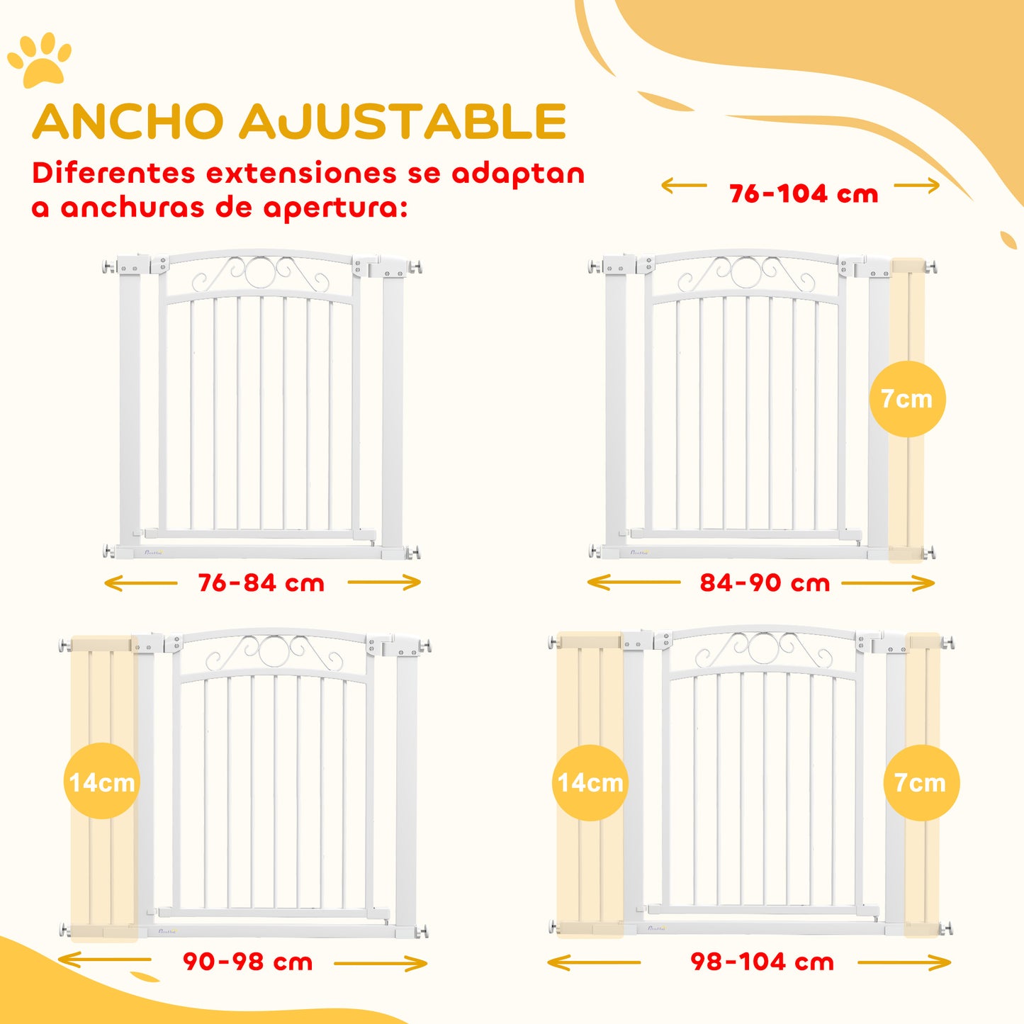 PawHut Barrera para Perros Puerta para Perros con Ancho Ajustable 76-104 cm Barrera de Seguridad para Perros con 2 Extensiones y Doble Bloqueo para Escaleras y Puertas Blanco