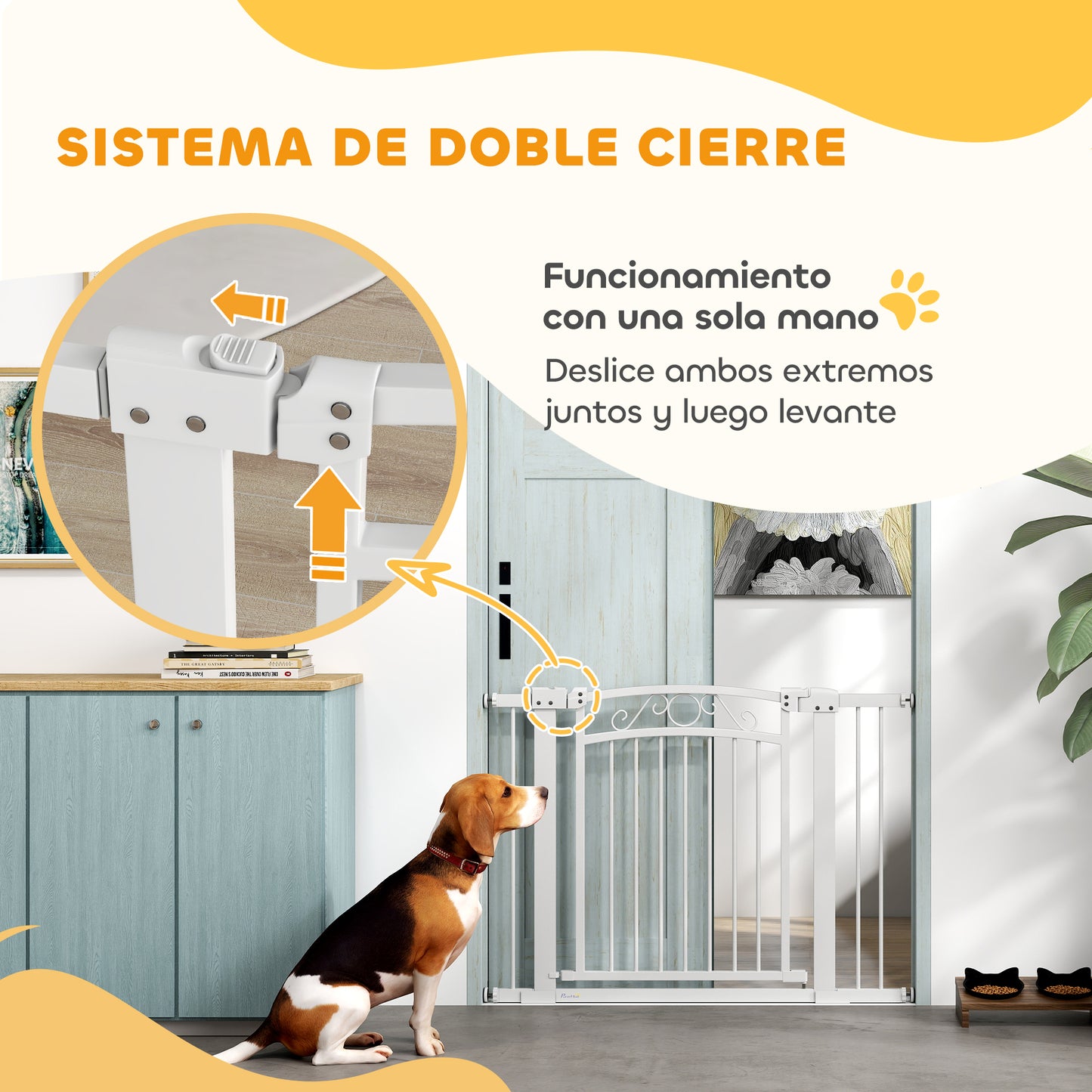 PawHut Barrera para Perros Puerta para Perros con Ancho Ajustable 76-104 cm Barrera de Seguridad para Perros con 2 Extensiones y Doble Bloqueo para Escaleras y Puertas Blanco