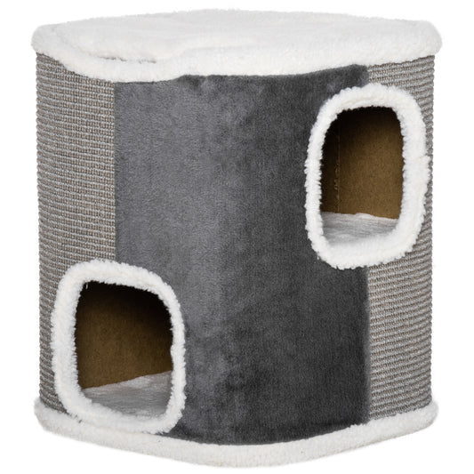 PawHut Barril Rascador para Gatos de 2 Niveles con Cuevas de Sisal Felpa Suave y Plataforma de Vellón 40x40x49 cm Gris