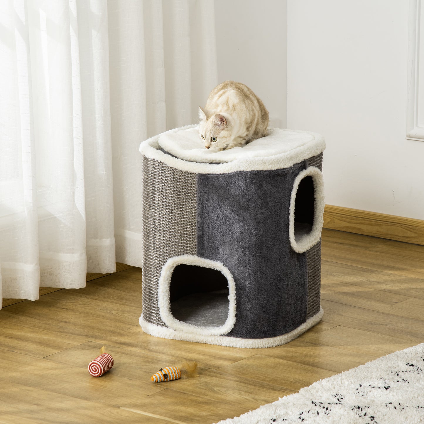 PawHut Barril Rascador para Gatos de 2 Niveles con Cuevas de Sisal Felpa Suave y Plataforma de Vellón 40x40x49 cm Gris