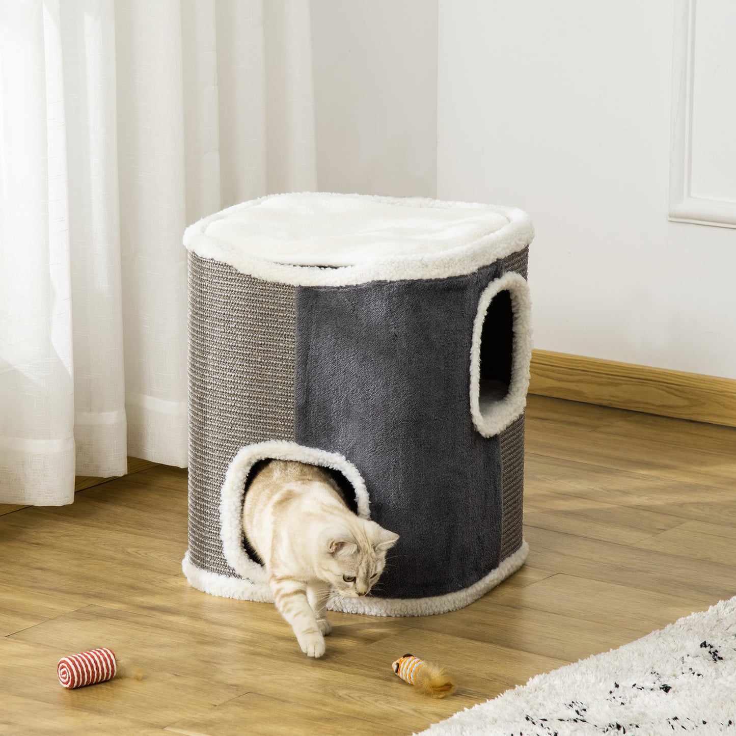 PawHut Barril Rascador para Gatos de 2 Niveles con Cuevas de Sisal Felpa Suave y Plataforma de Vellón 40x40x49 cm Gris