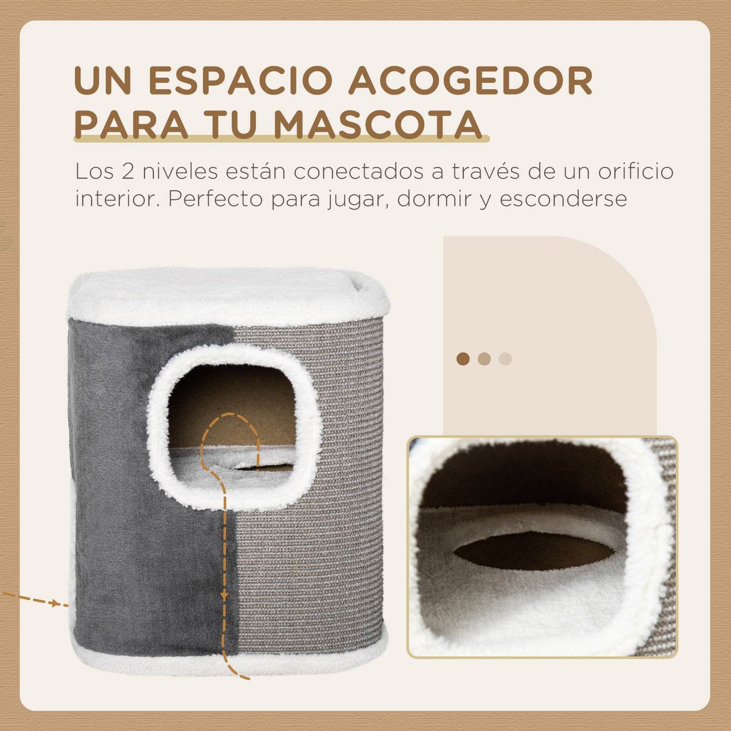 PawHut Barril Rascador para Gatos de 2 Niveles con Cuevas de Sisal Felpa Suave y Plataforma de Vellón 40x40x49 cm Gris