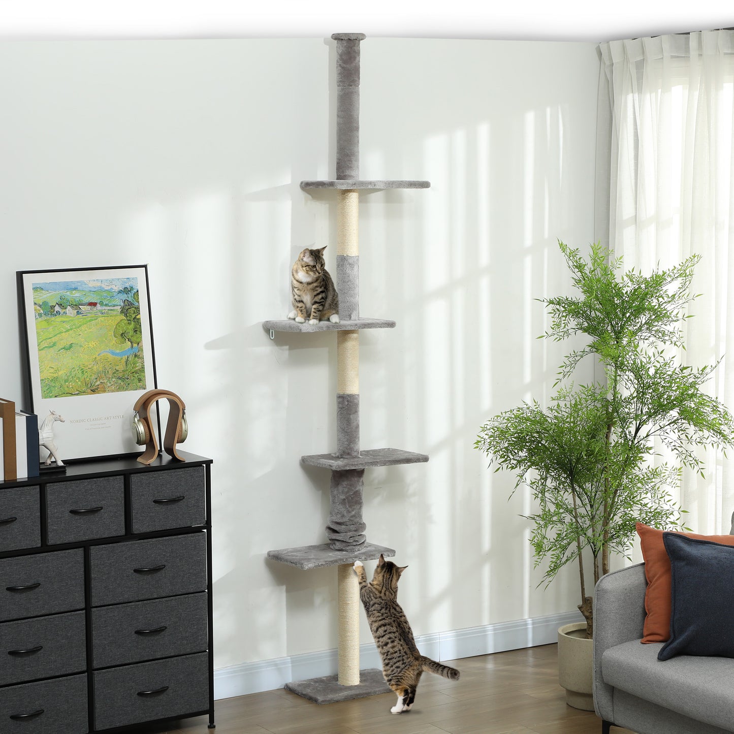 PawHut Árbol para Gatos de Suelo a Techo 225-275 cm Árbol Rascador para Gatos Torre para Gatos con Múltiples Plataformas Sistema de Antivuelco Gris Claro