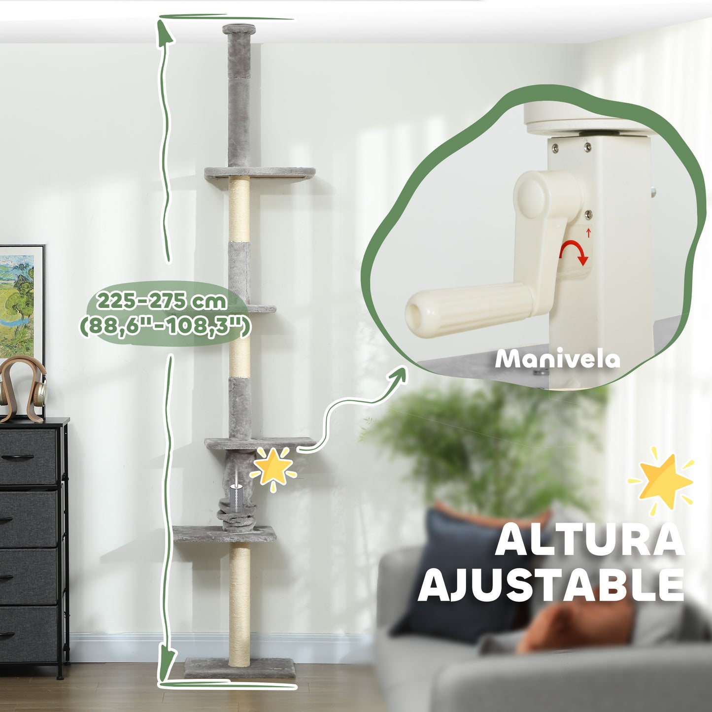 PawHut Árbol para Gatos de Suelo a Techo 225-275 cm Árbol Rascador para Gatos Torre para Gatos con Múltiples Plataformas Sistema de Antivuelco Gris Claro