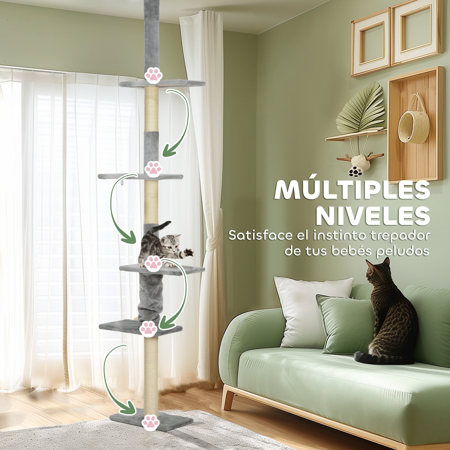 PawHut Árbol para Gatos de Suelo a Techo 225-275 cm Árbol Rascador para Gatos Torre para Gatos con Múltiples Plataformas Sistema de Antivuelco Gris Claro