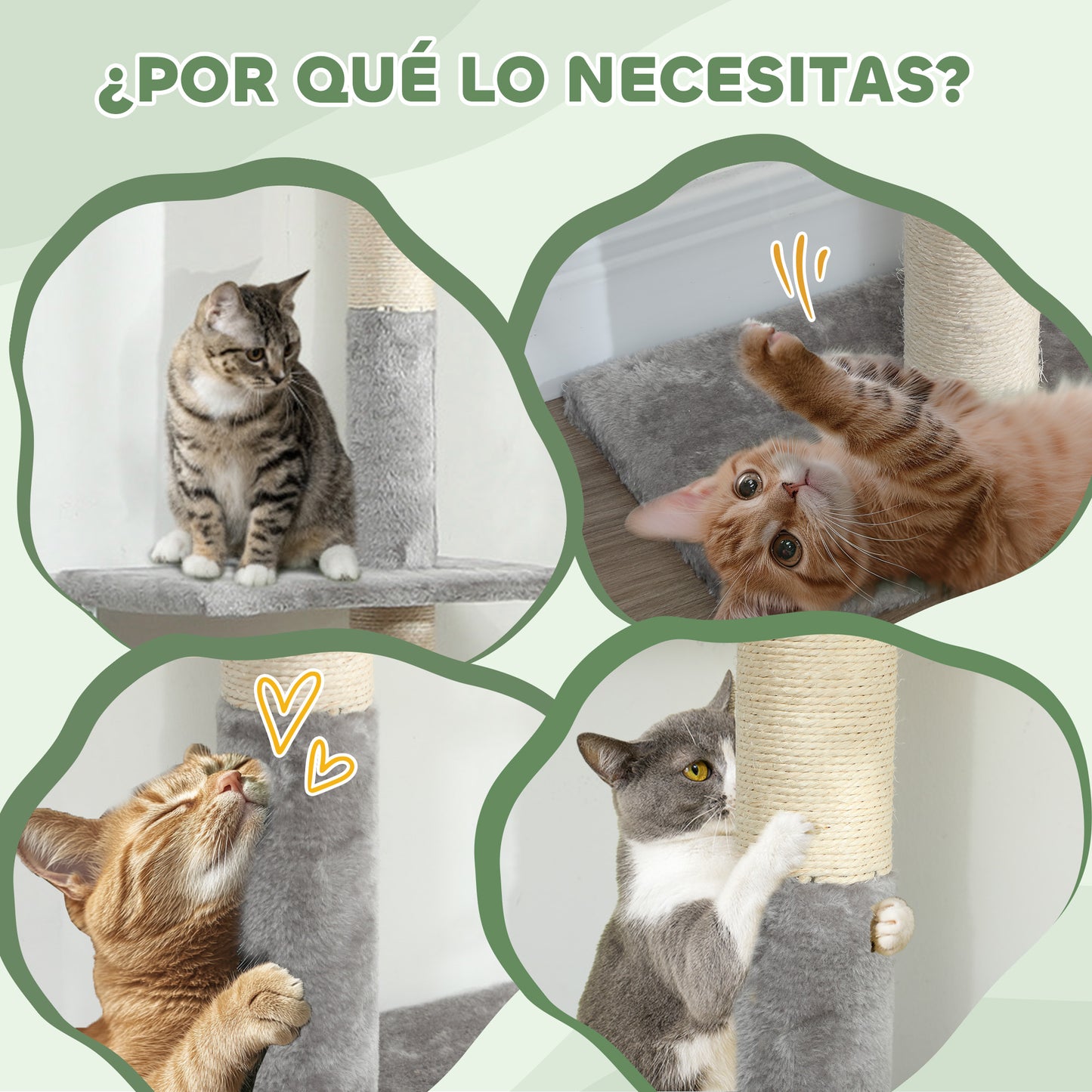 PawHut Árbol para Gatos de Suelo a Techo 225-275 cm Árbol Rascador para Gatos Torre para Gatos con Múltiples Plataformas Sistema de Antivuelco Gris Claro