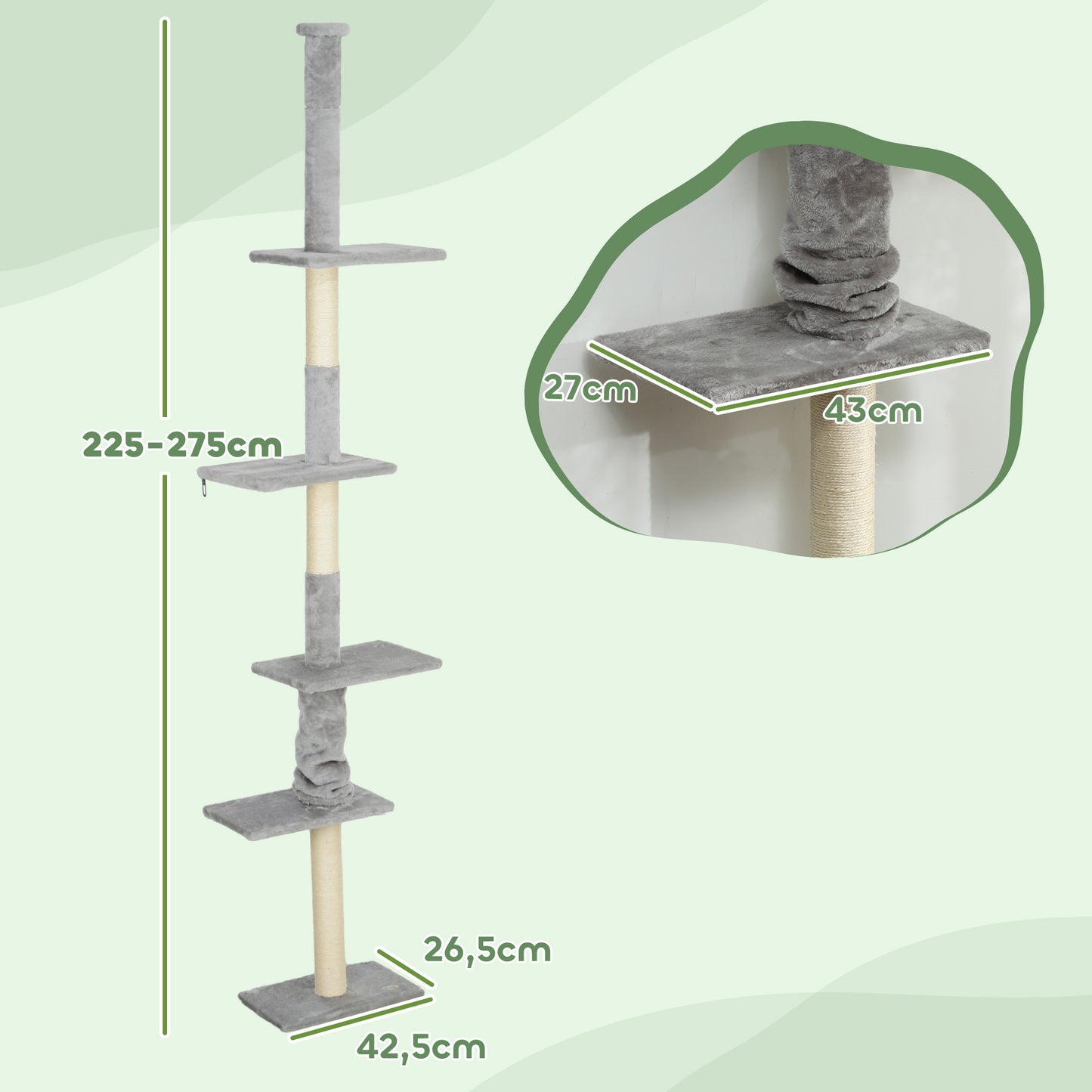 PawHut Árbol para Gatos de Suelo a Techo 225-275 cm Árbol Rascador para Gatos Torre para Gatos con Múltiples Plataformas Sistema de Antivuelco Gris Claro