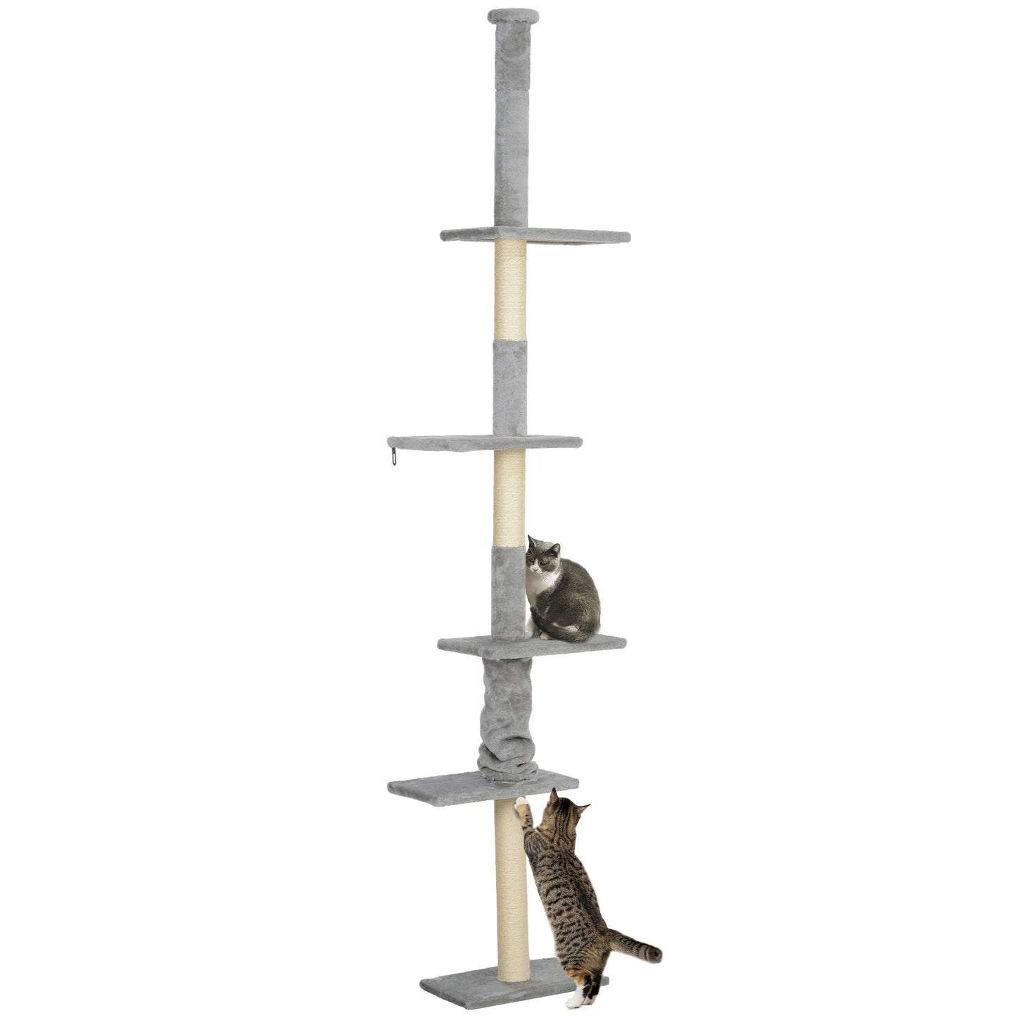 PawHut Árbol para Gatos de Suelo a Techo 225-275 cm Árbol Rascador para Gatos Torre para Gatos con Múltiples Plataformas Sistema de Antivuelco Gris Claro