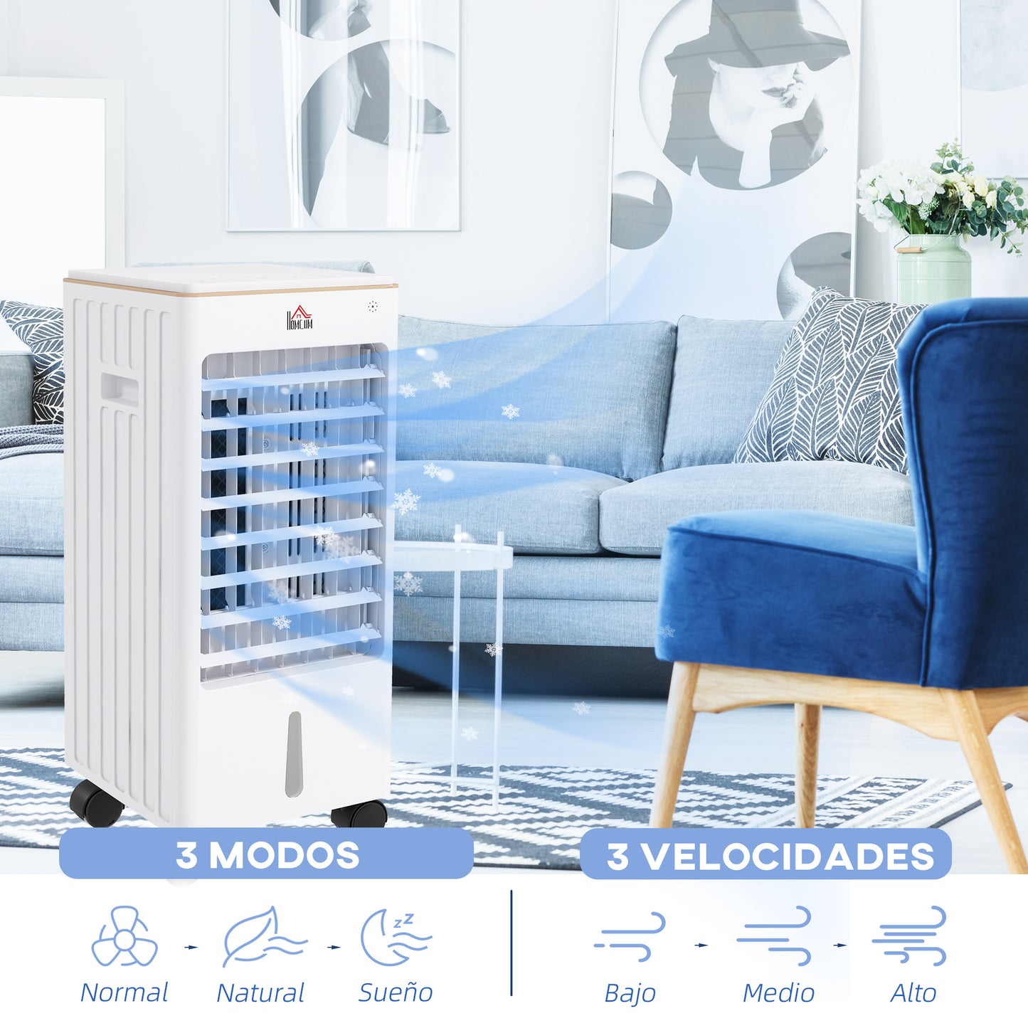 HOMCOM Enfriador de Aire Portátil 3 en 1 Climatizador Evaporativo Oscilante con 3 Velocidades Control Remoto Temporizador 7,5h Pantalla LED Tanque de Agua 3L Efecto 15-20 ㎡ 22,5x24,5x53,5 cm Blanco