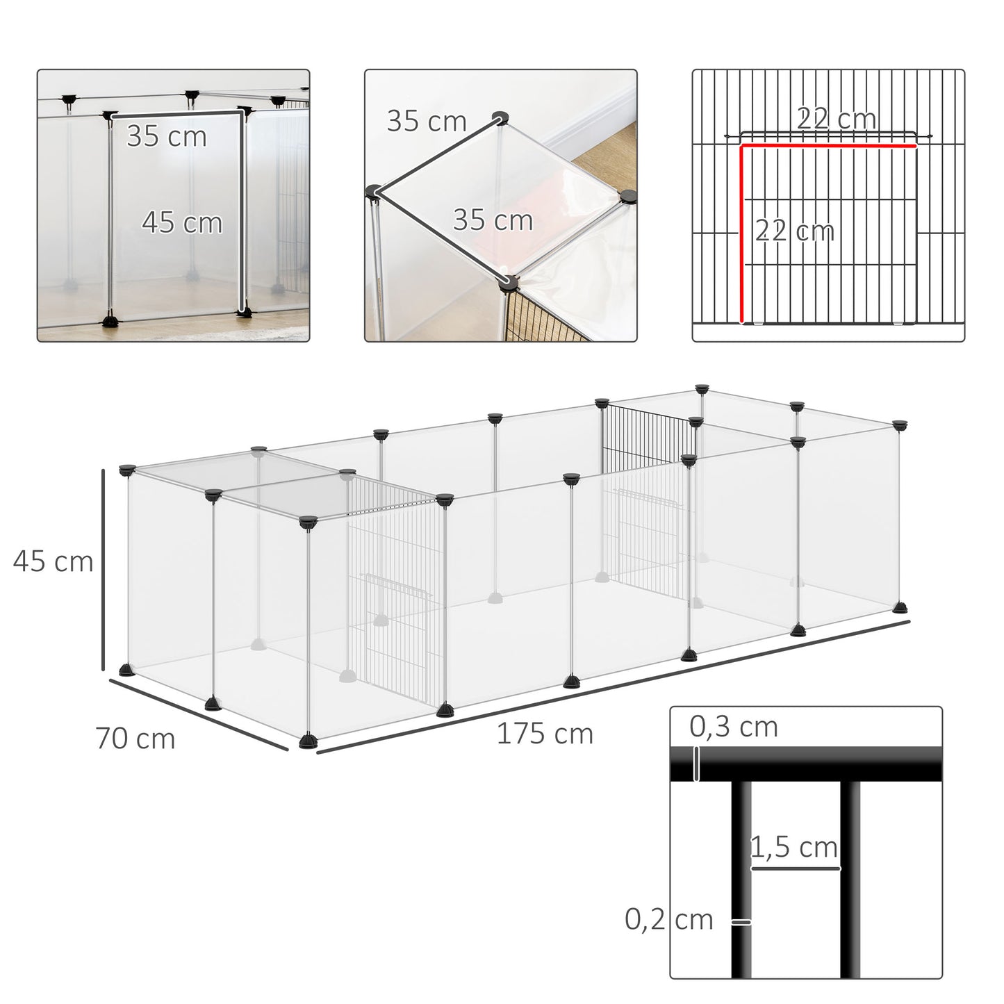 Pawhut Valla para Mascotas DIY con 20 Paneles de Resina Parque para Animales Pequeños Jaula Modular para Cobayas Conejos Chinchillas 175x70x45 cm Blanco