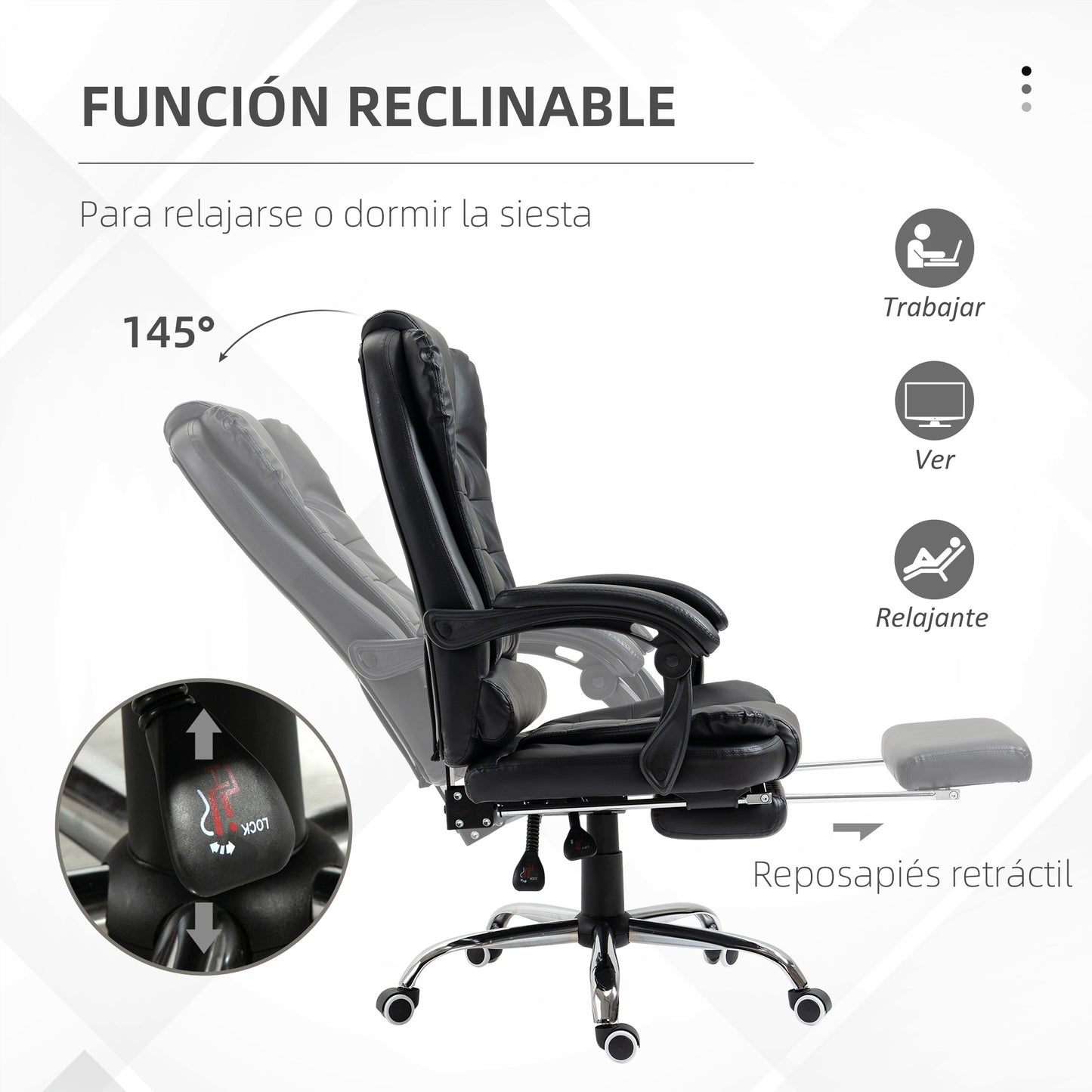 HOMCOM Silla de Oficina Reclinable Silla de Escritorio con Reposapiés Silla Ejecutiva Giratoria con Altura Ajustable Tapizada en PU y Reposabrazos para Estudio Negro