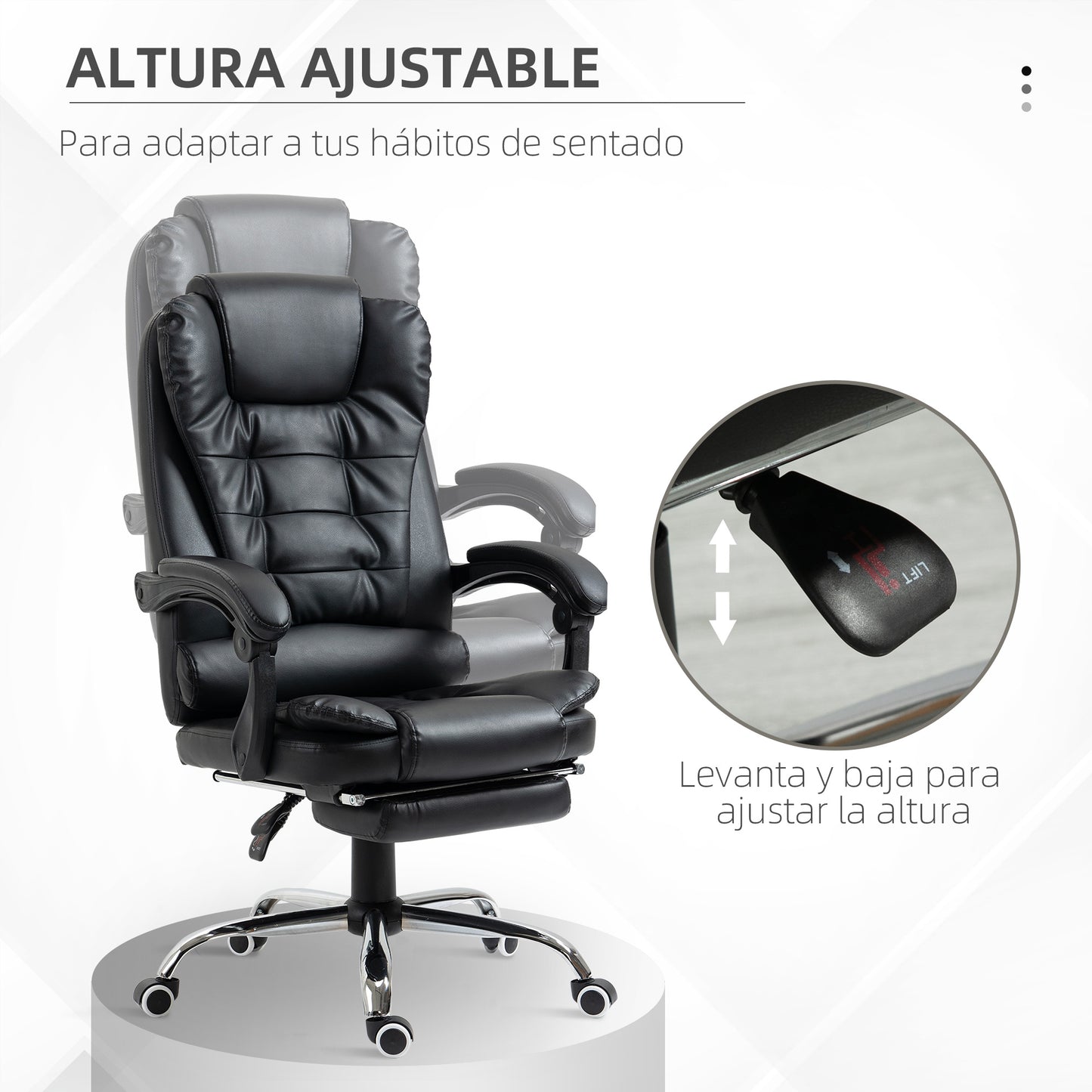 HOMCOM Silla de Oficina Reclinable Silla de Escritorio con Reposapiés Silla Ejecutiva Giratoria con Altura Ajustable Tapizada en PU y Reposabrazos para Estudio Negro