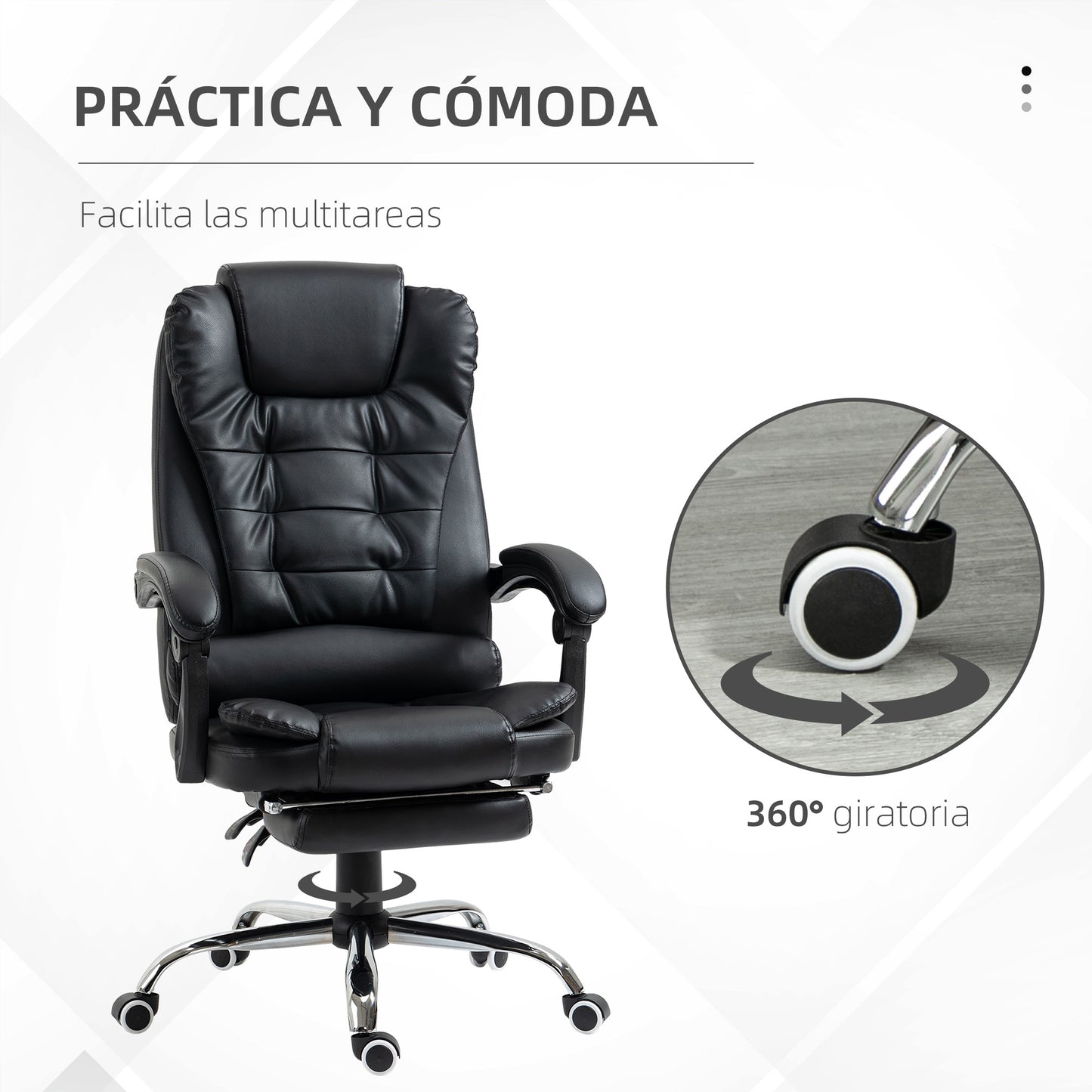 HOMCOM Silla de Oficina Reclinable Silla de Escritorio con Reposapiés Silla Ejecutiva Giratoria con Altura Ajustable Tapizada en PU y Reposabrazos para Estudio Negro