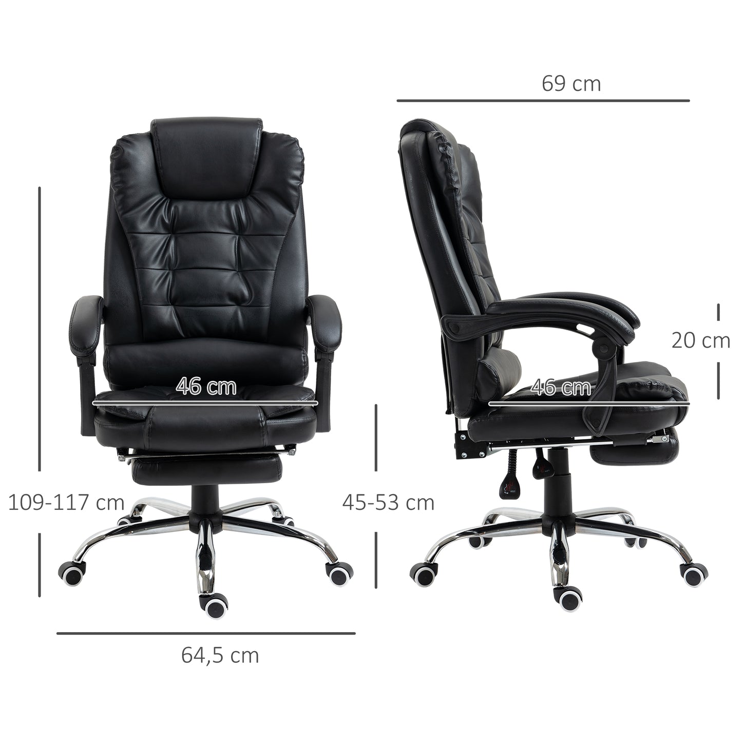 HOMCOM Silla de Oficina Reclinable Silla de Escritorio con Reposapiés Silla Ejecutiva Giratoria con Altura Ajustable Tapizada en PU y Reposabrazos para Estudio Negro