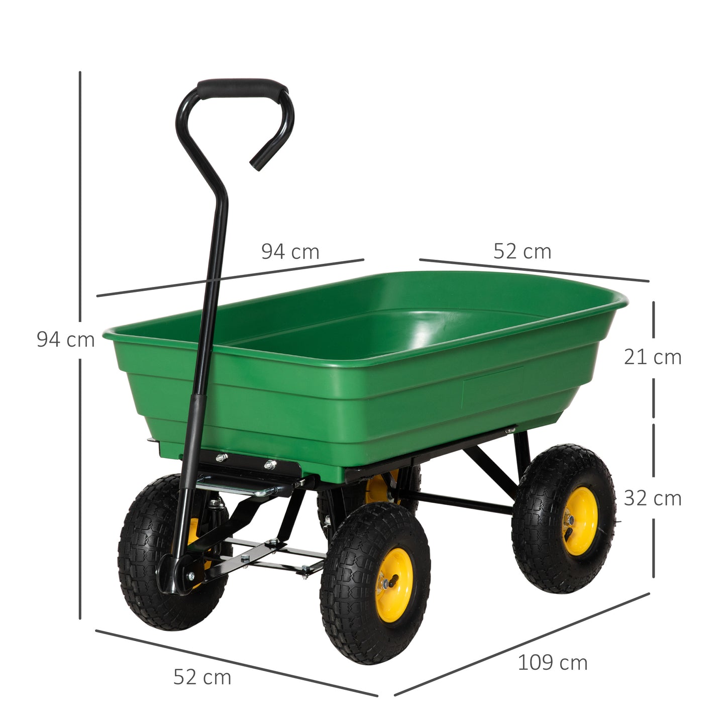 Outsunny Carro de Jardín con Carrocería Inclinable hasta 75° Carretilla de Transporte con Mango Ajustable con 4 Neumáticos Capacidad Max.75 L Acero para Playa 109x52x94 cm Verde Oscuro